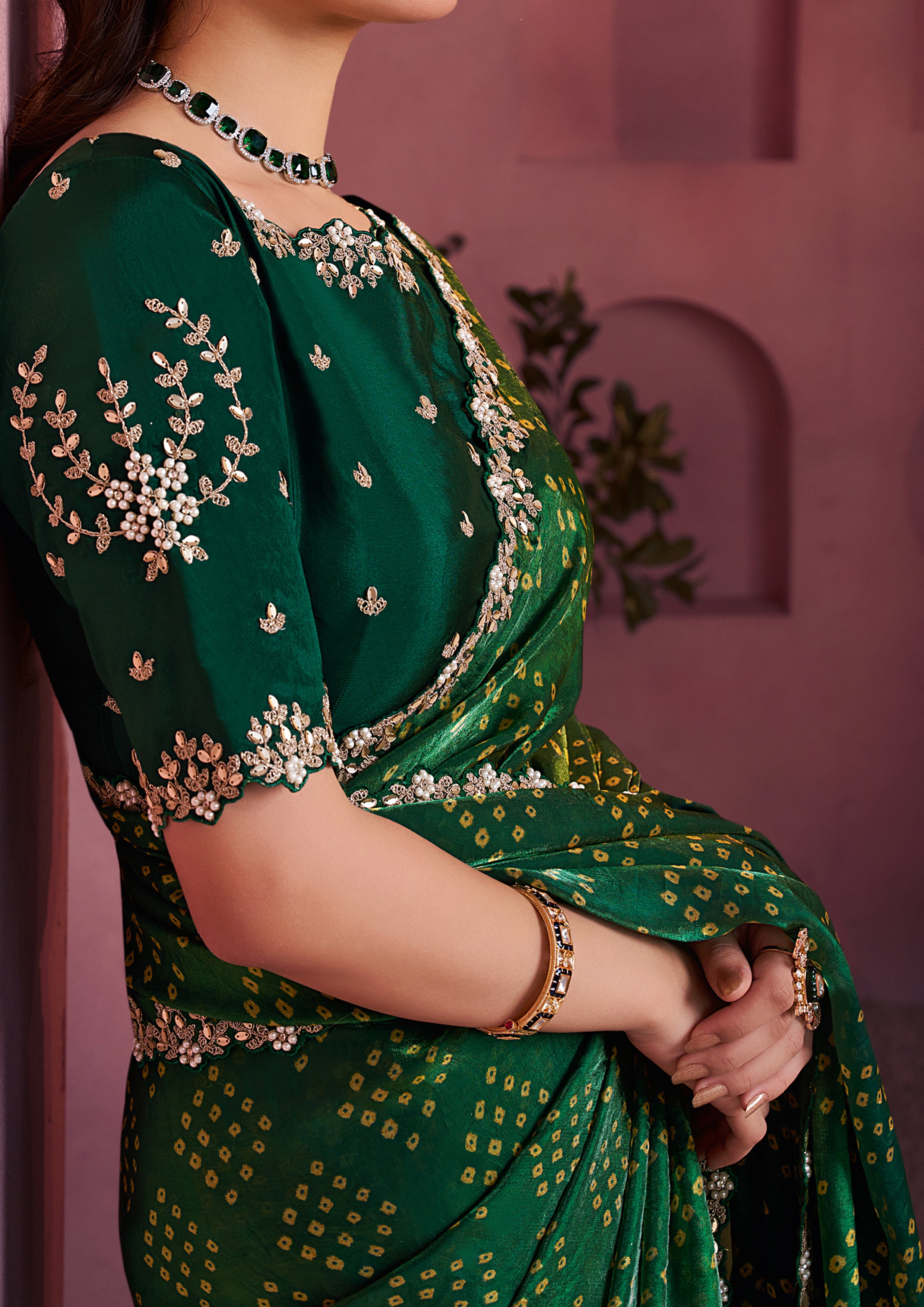 Bottle Green Bandhej Printed Satin Silk Saree