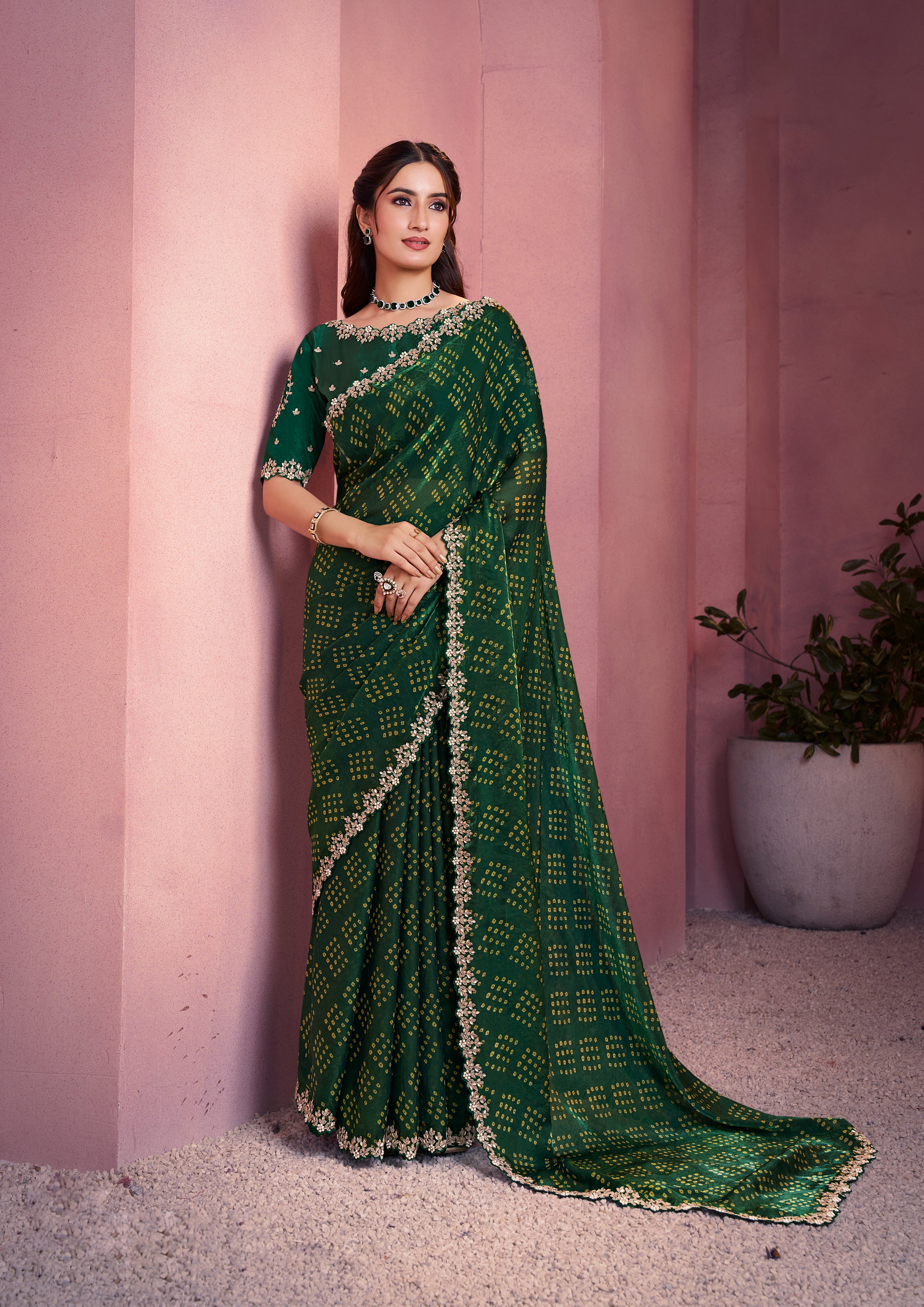 Bottle Green Bandhej Printed Satin Silk Saree