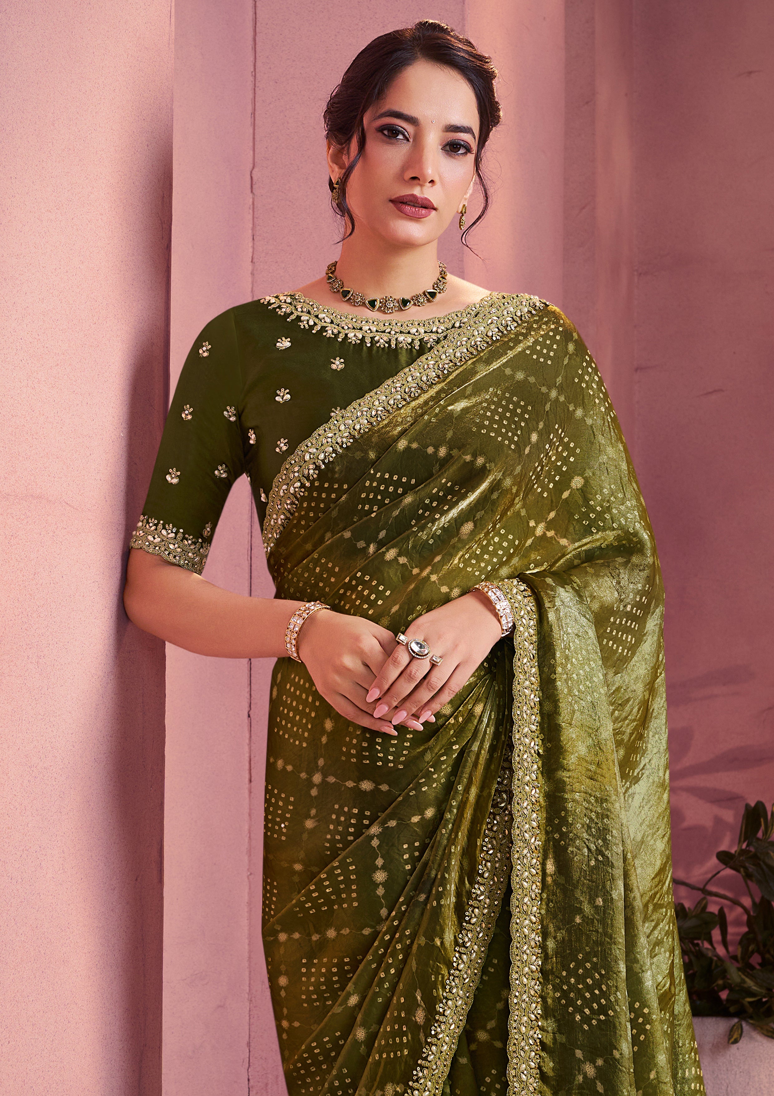 Olive Green Bandhani Printed Satin Silk Saree