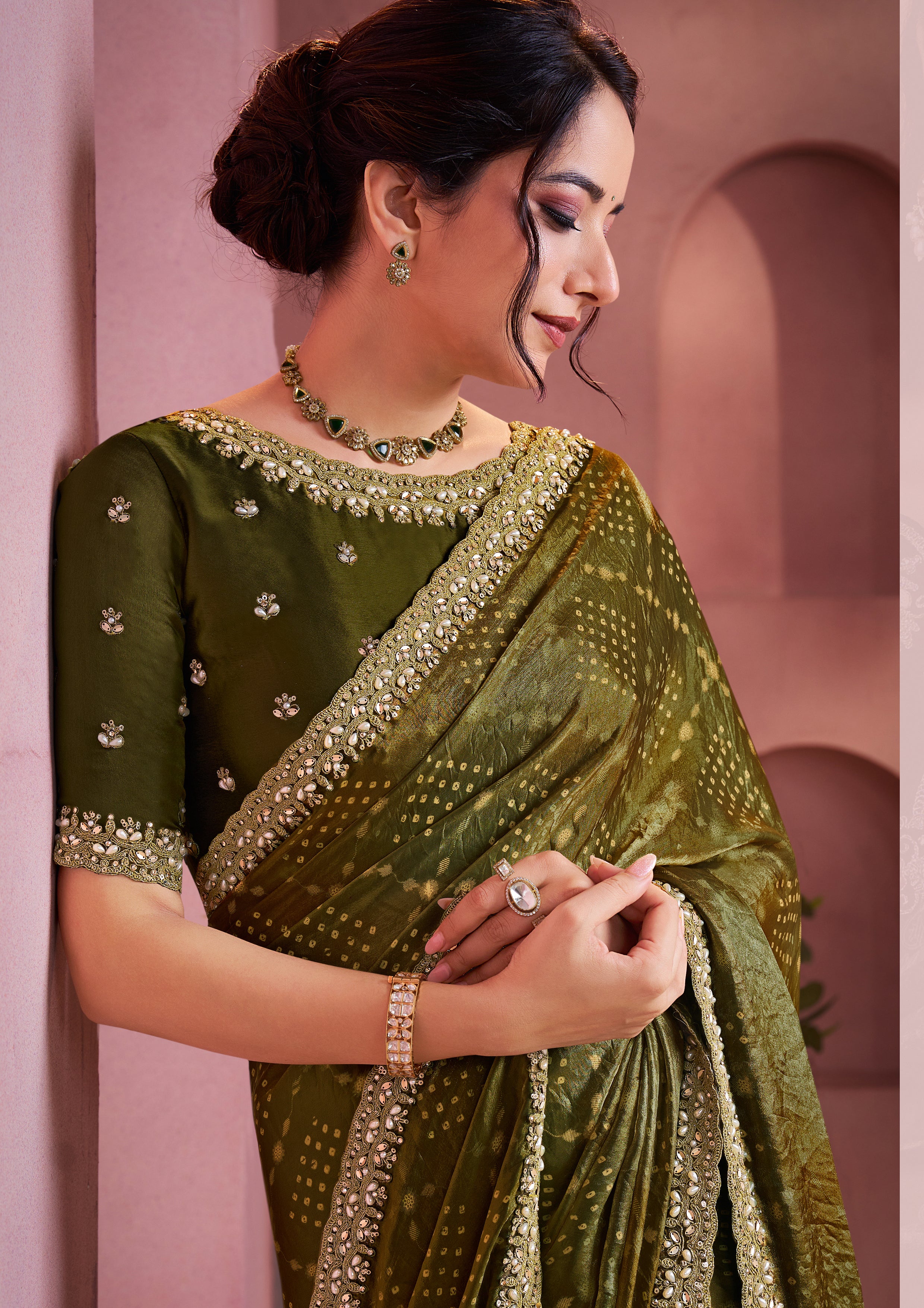 Olive Green Bandhani Printed Satin Silk Saree