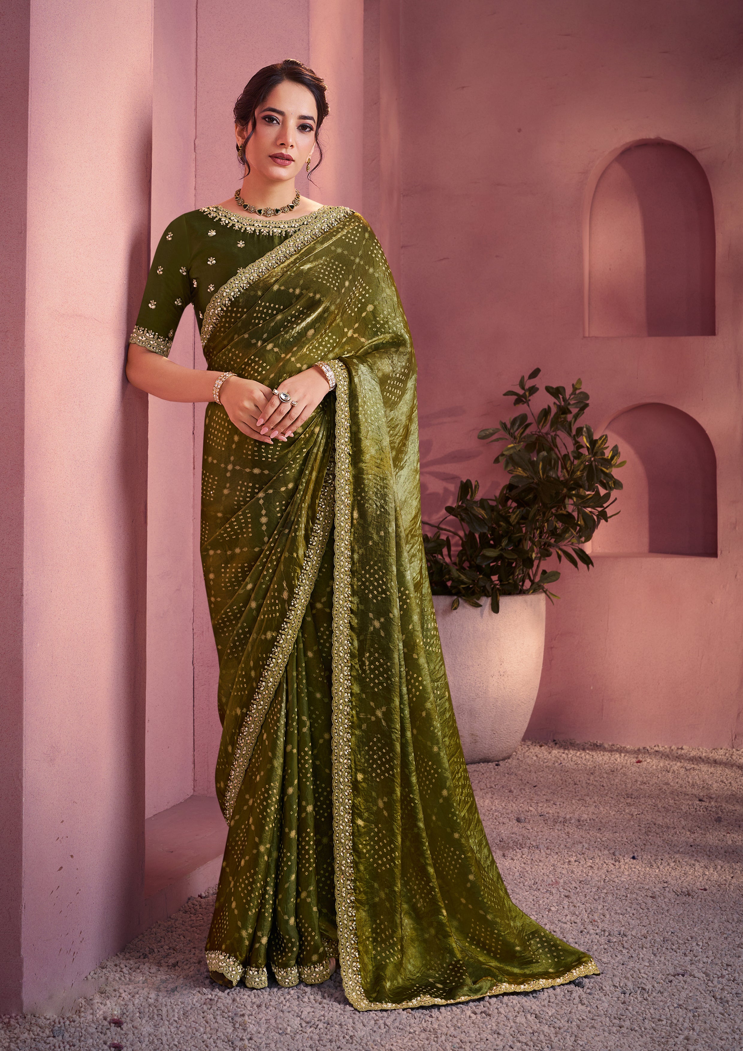 Olive Green Bandhani Printed Satin Silk Saree