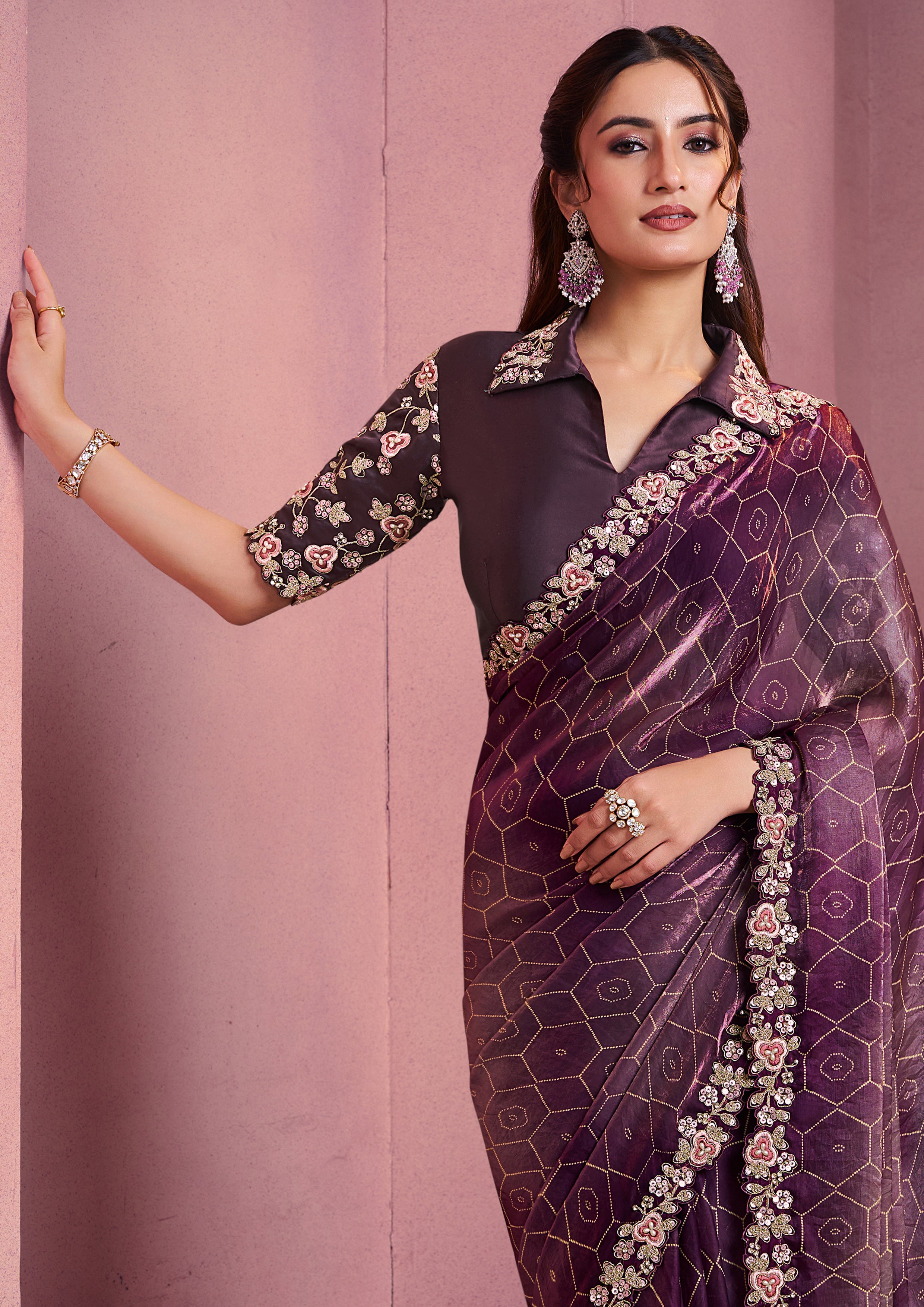 Wine Embroidered Satin Silk Saree