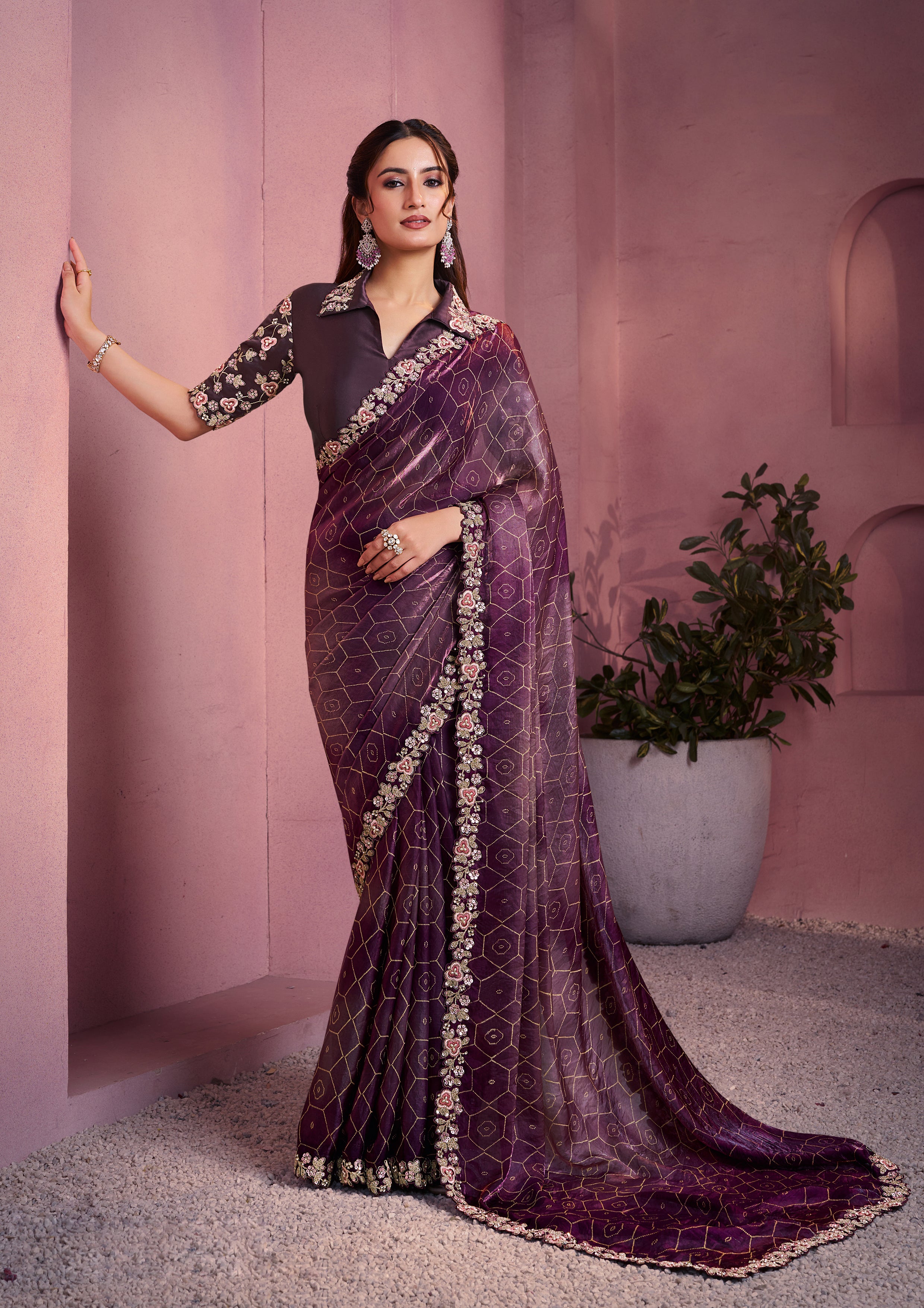Wine Embroidered Satin Silk Saree