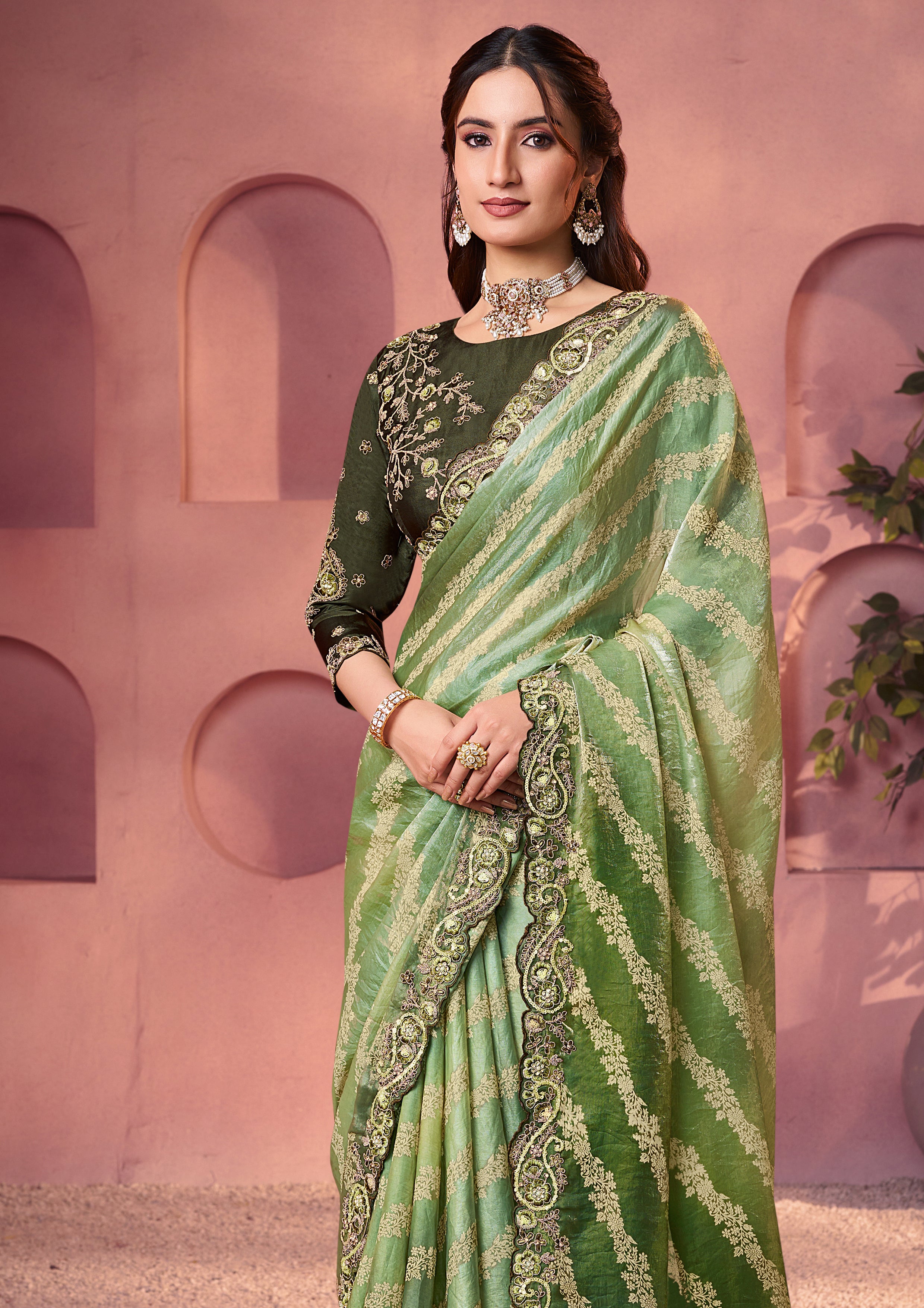 Sage Green Embroidered Satin Silk Saree
