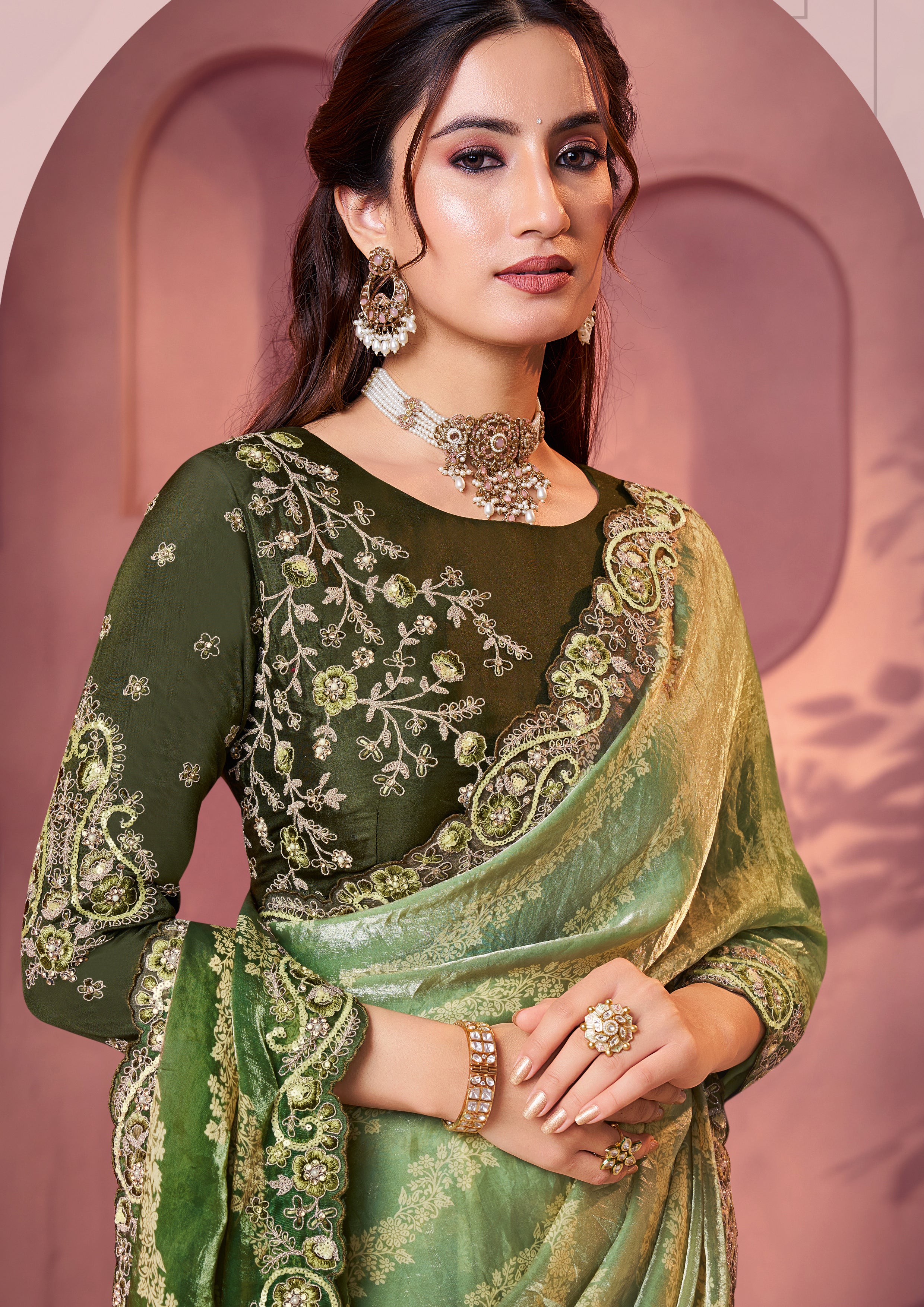 Sage Green Embroidered Satin Silk Saree