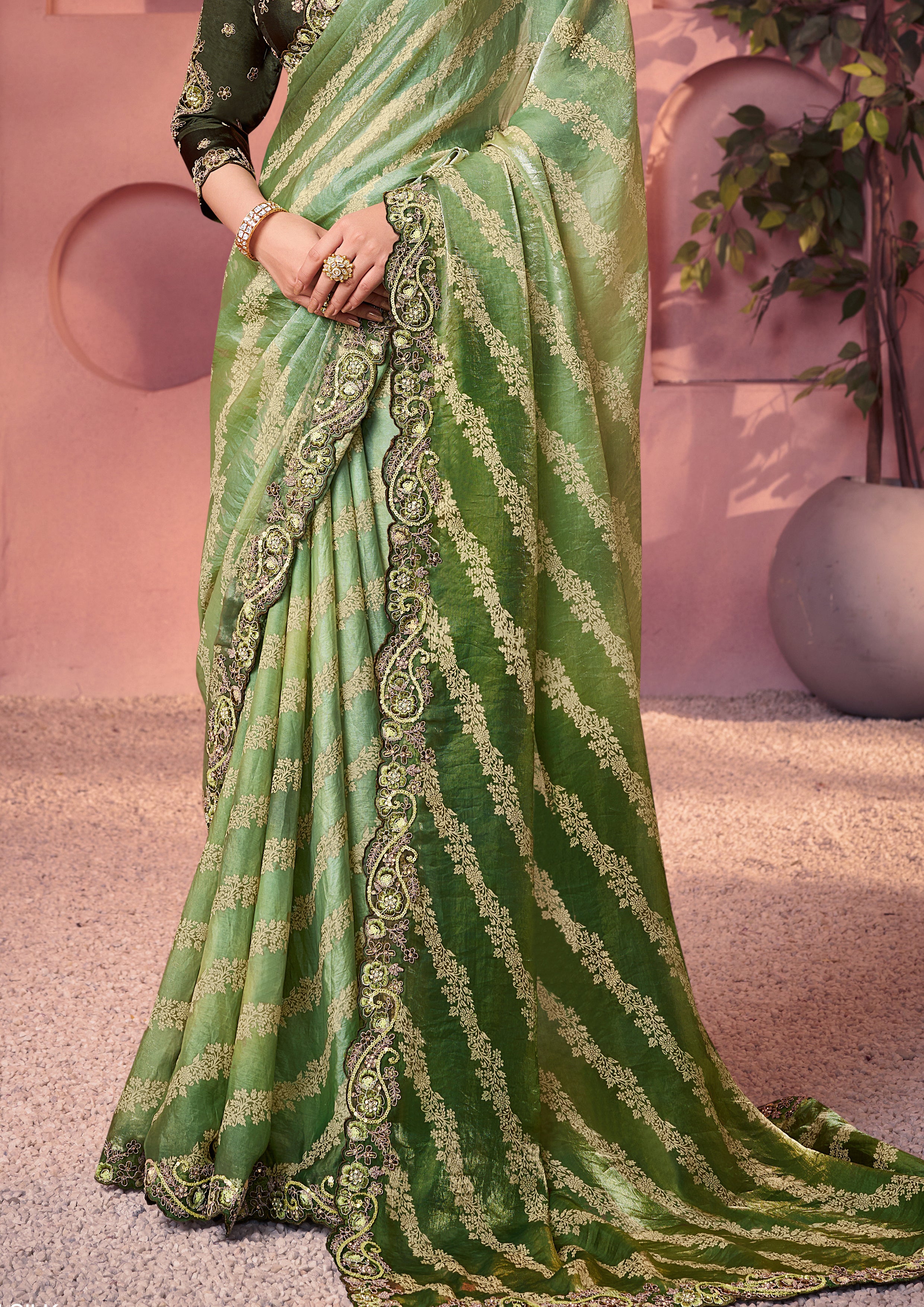 Sage Green Embroidered Satin Silk Saree