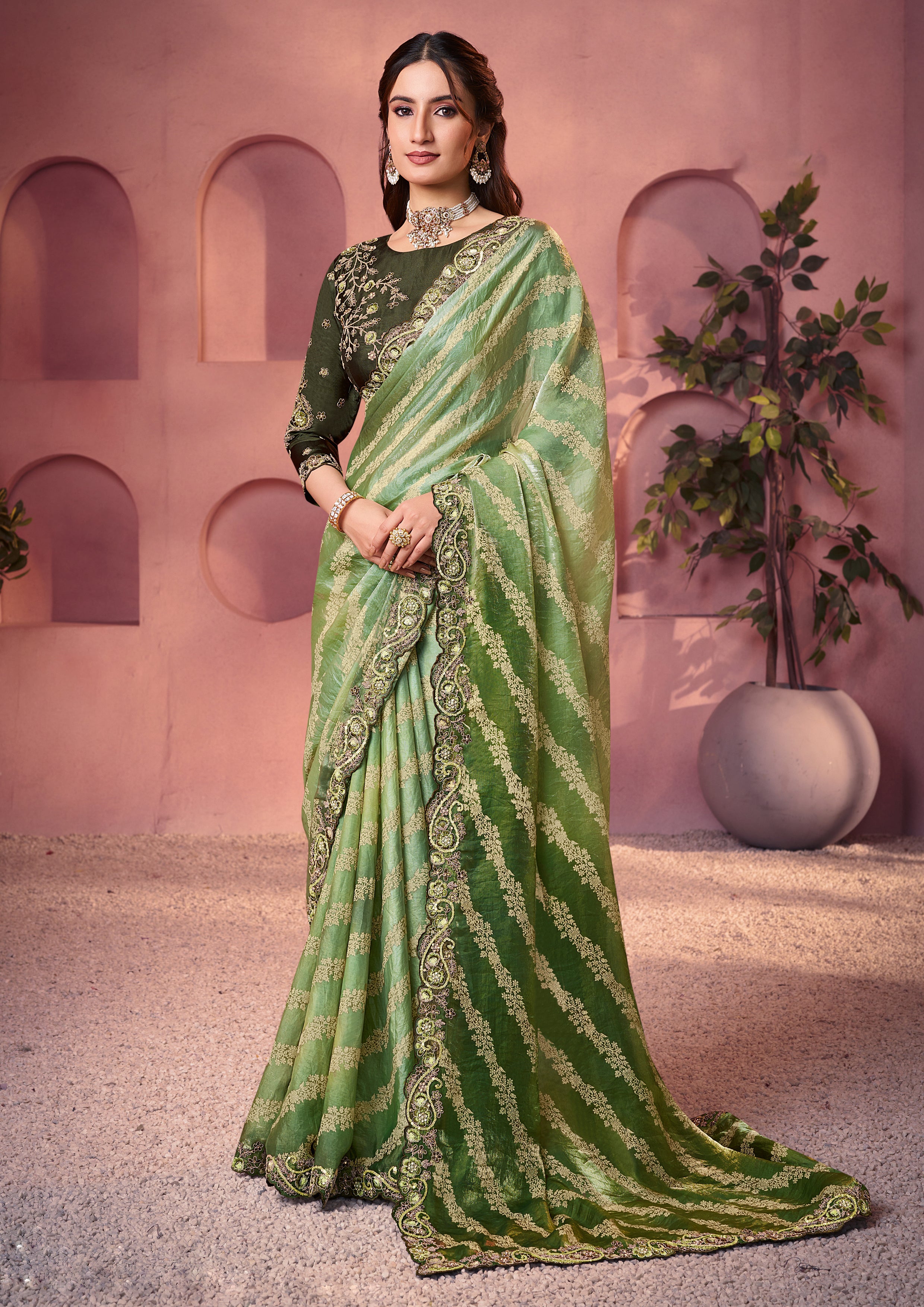 Sage Green Embroidered Satin Silk Saree