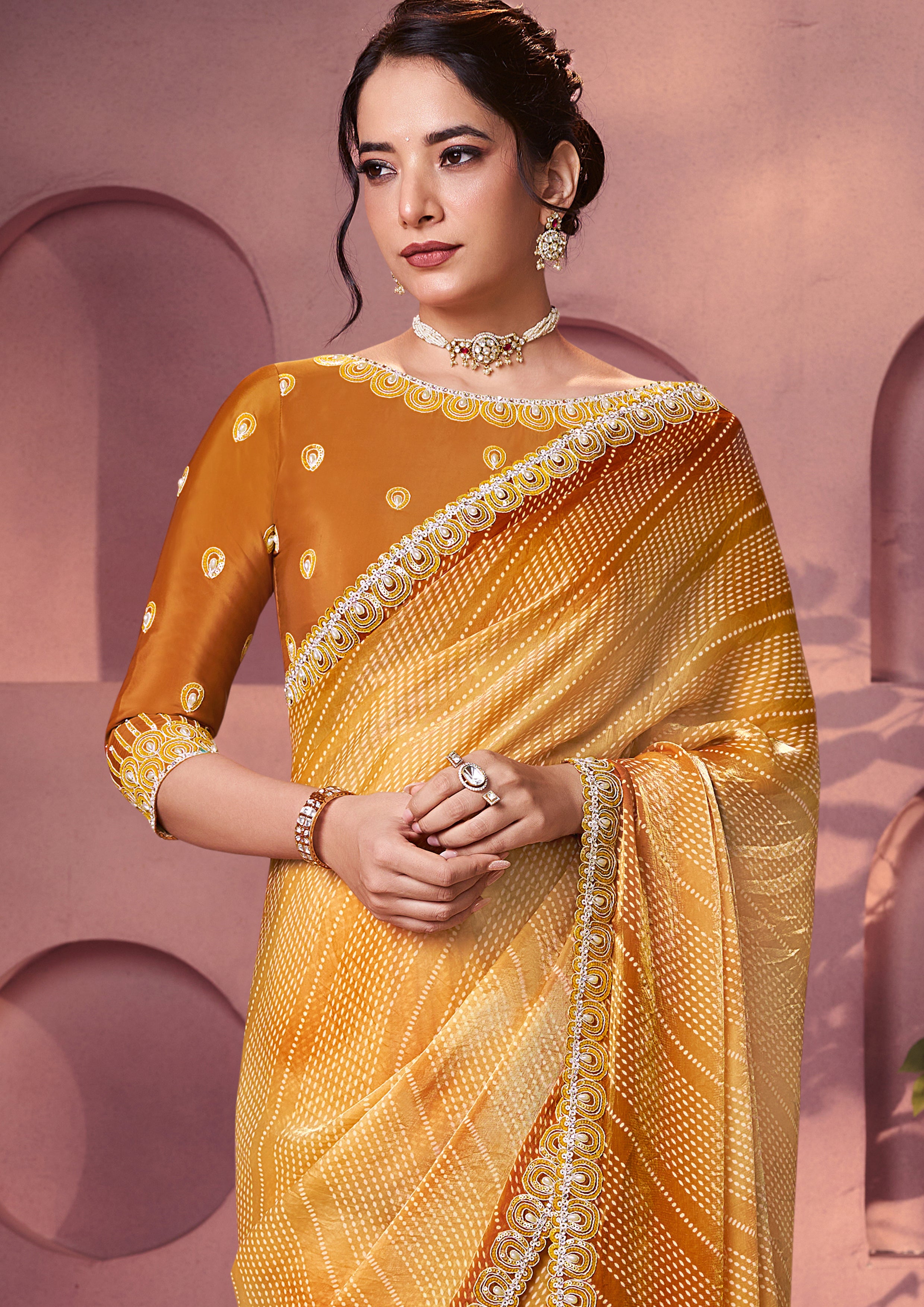 Yellow Embellished Satin Silk Saree