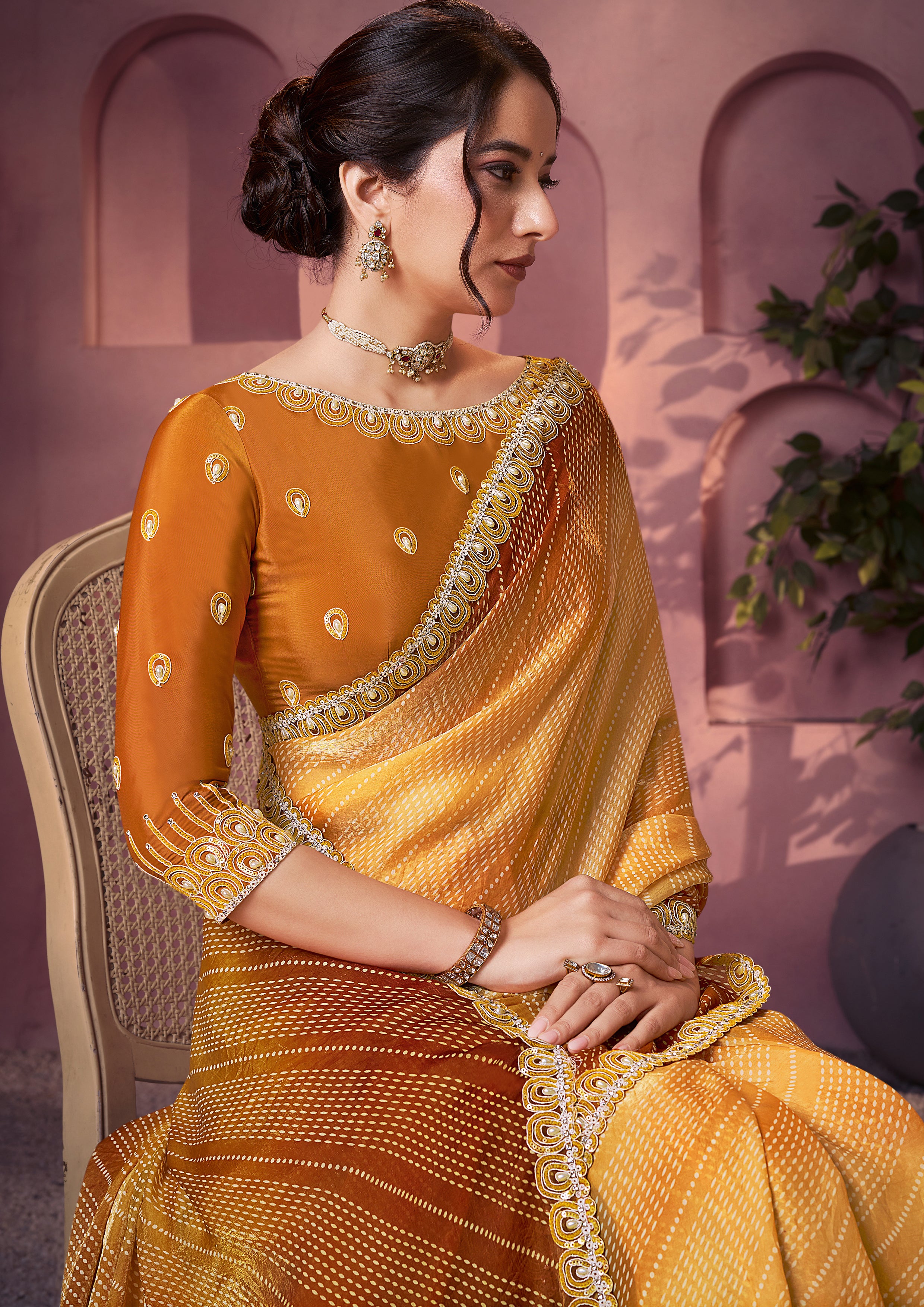 Yellow Embellished Satin Silk Saree
