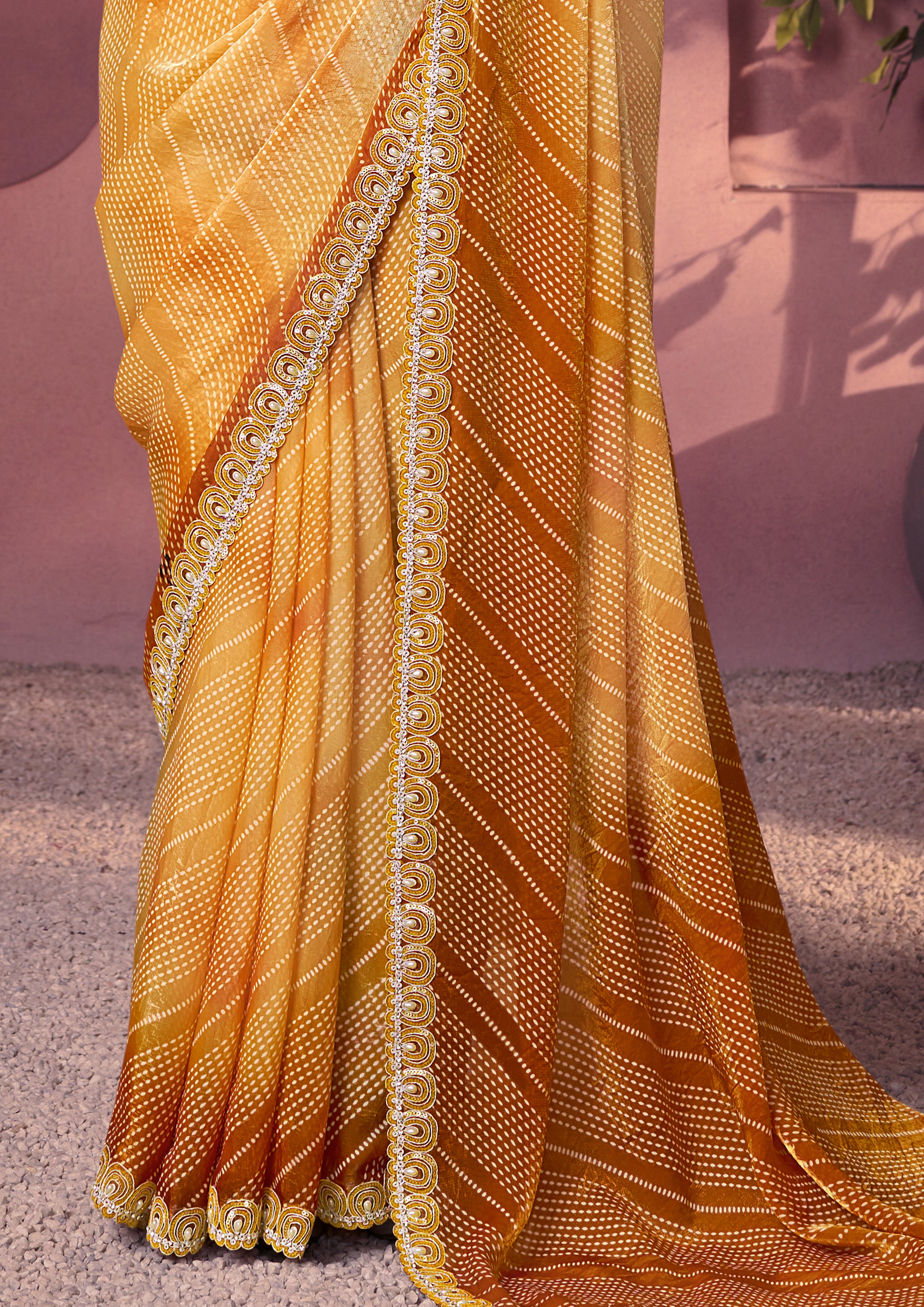 Yellow Embellished Satin Silk Saree