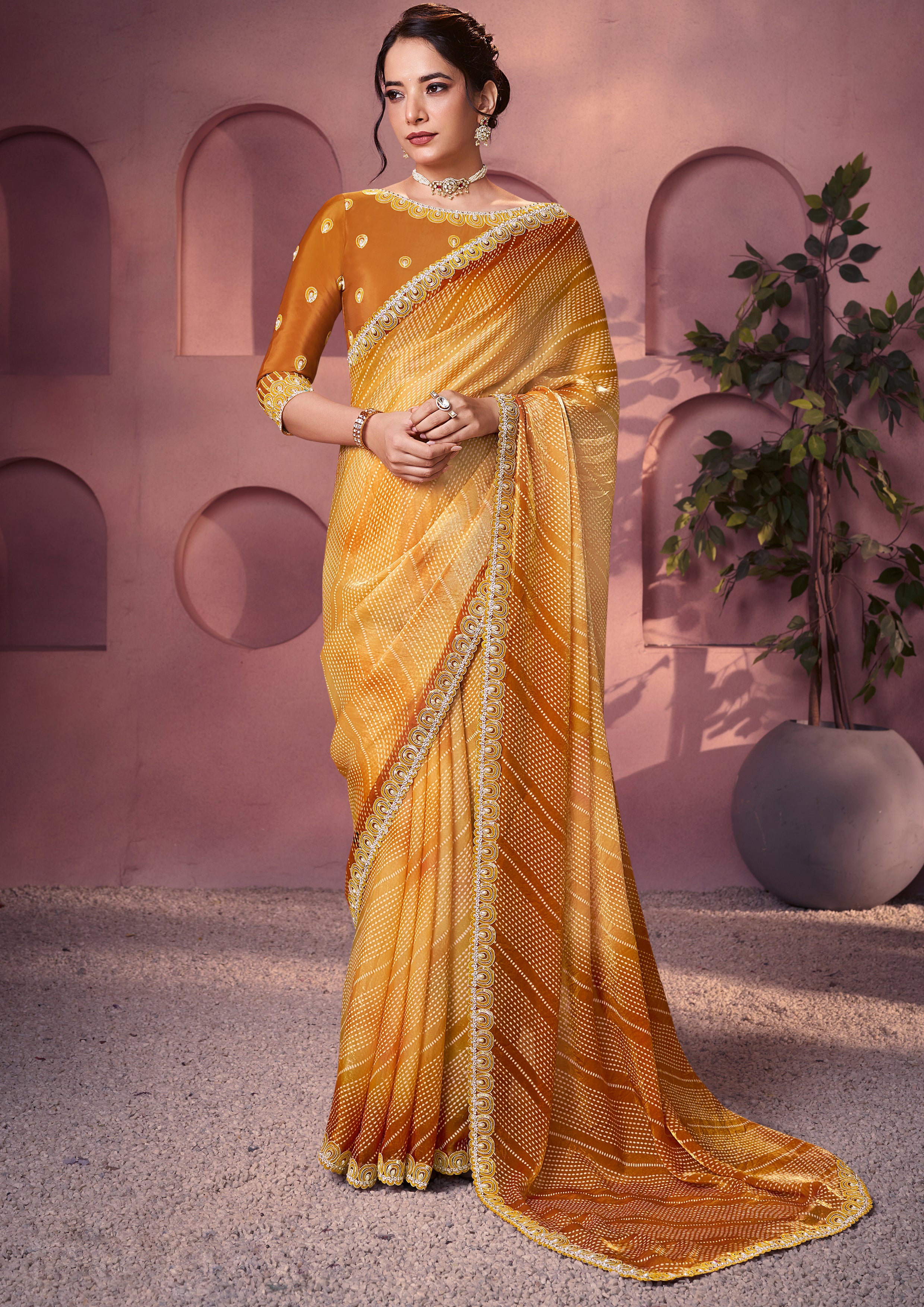 Yellow Embellished Satin Silk Saree