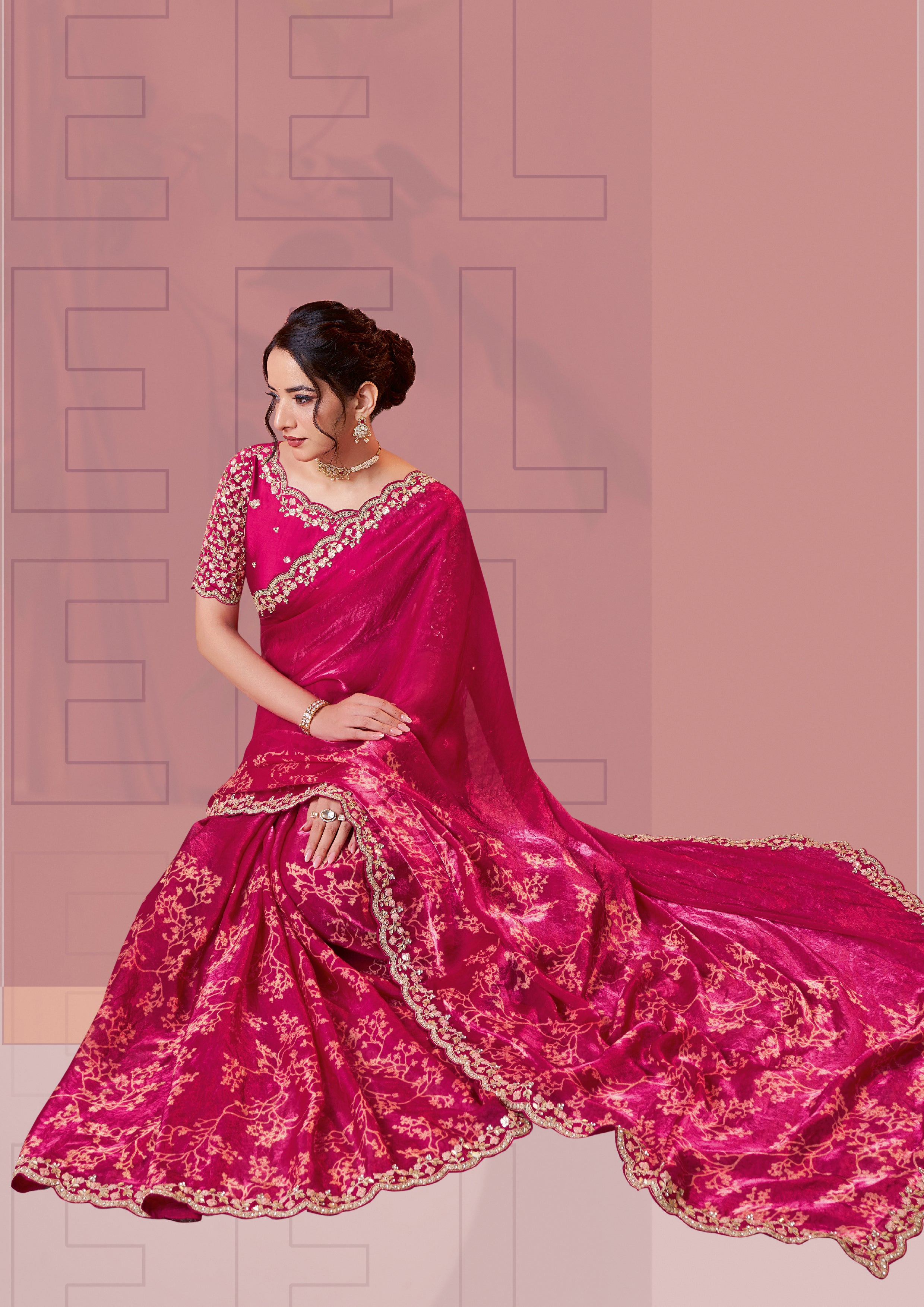 Rani Pink Embellished Satin Silk Saree