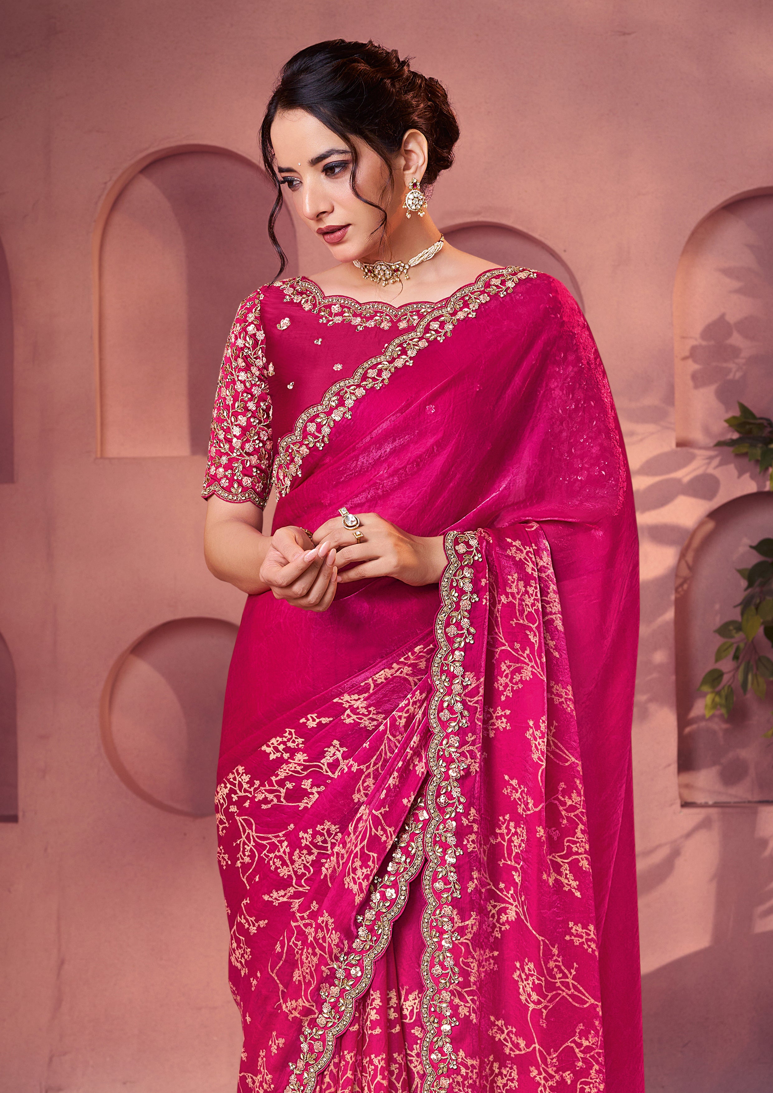 Rani Pink Embellished Satin Silk Saree
