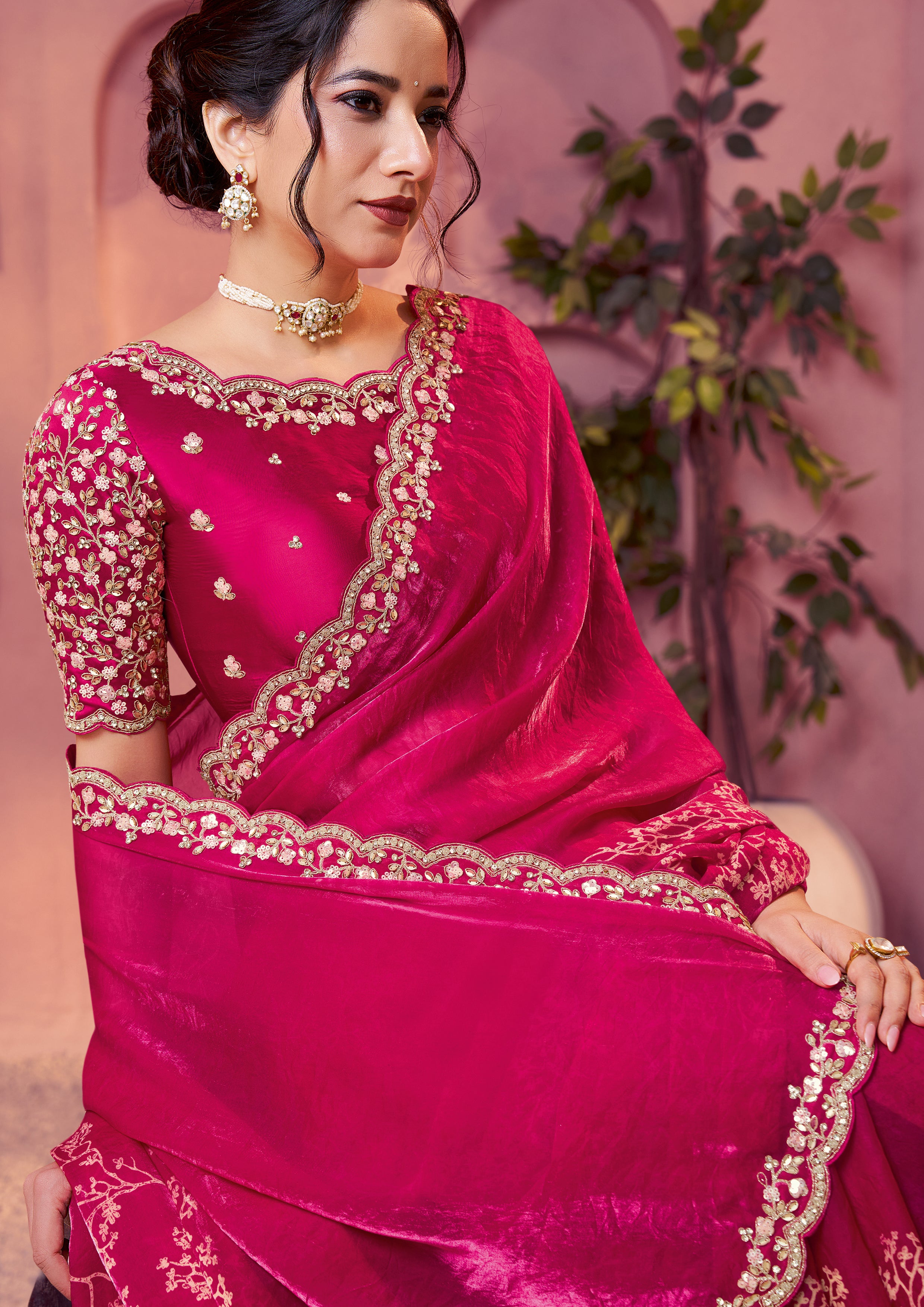 Rani Pink Embellished Satin Silk Saree