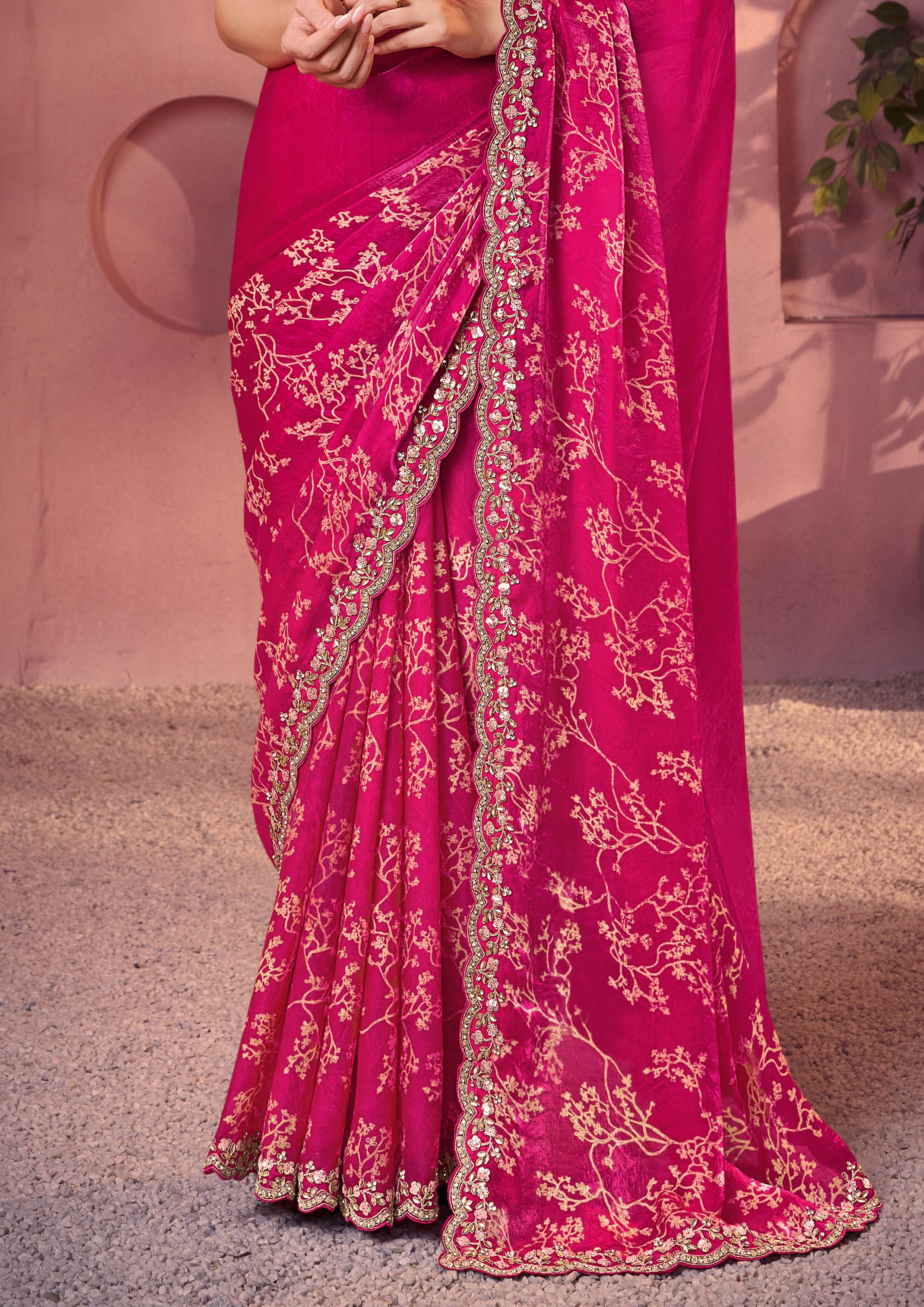 Rani Pink Embellished Satin Silk Saree