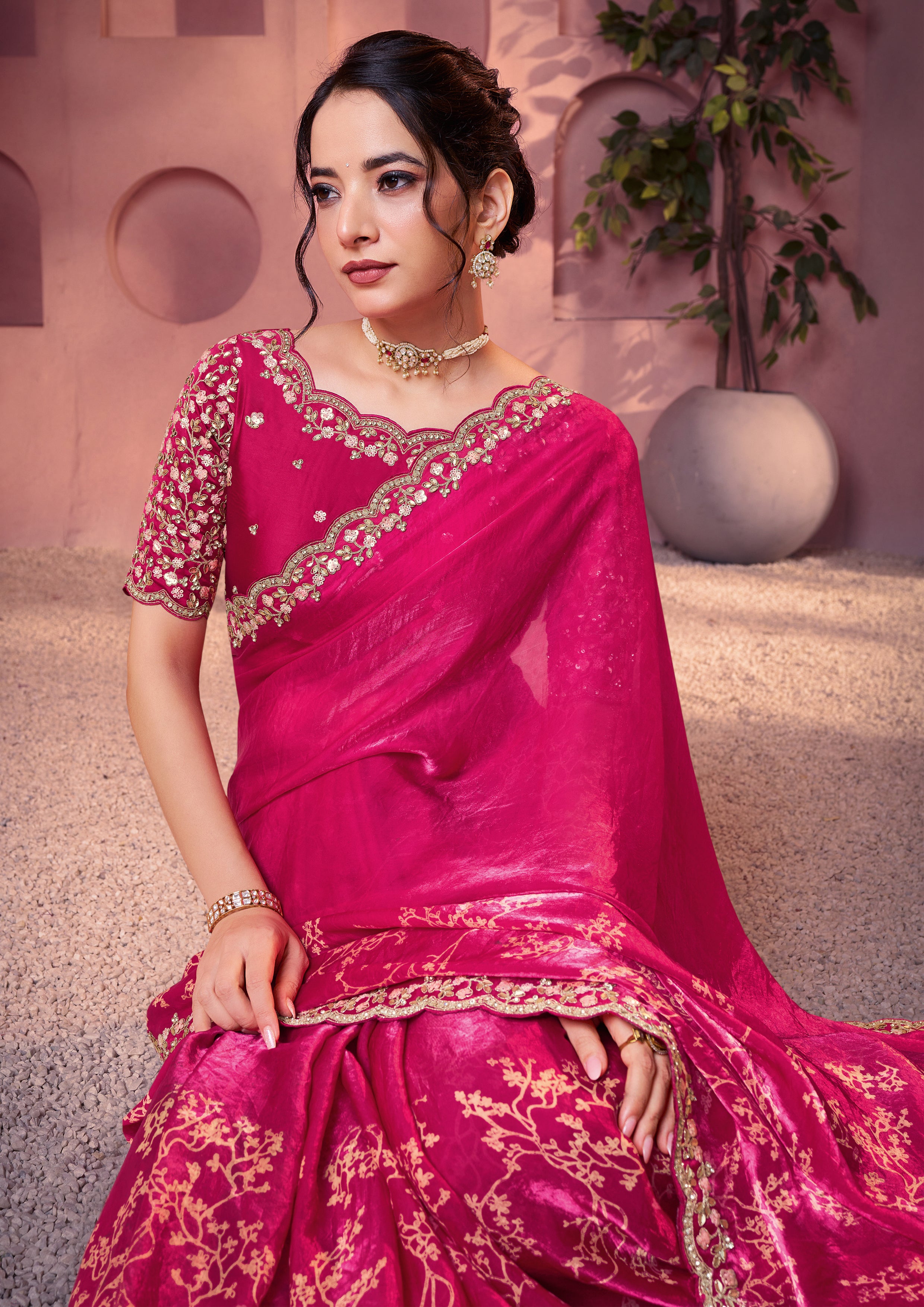 Rani Pink Embellished Satin Silk Saree