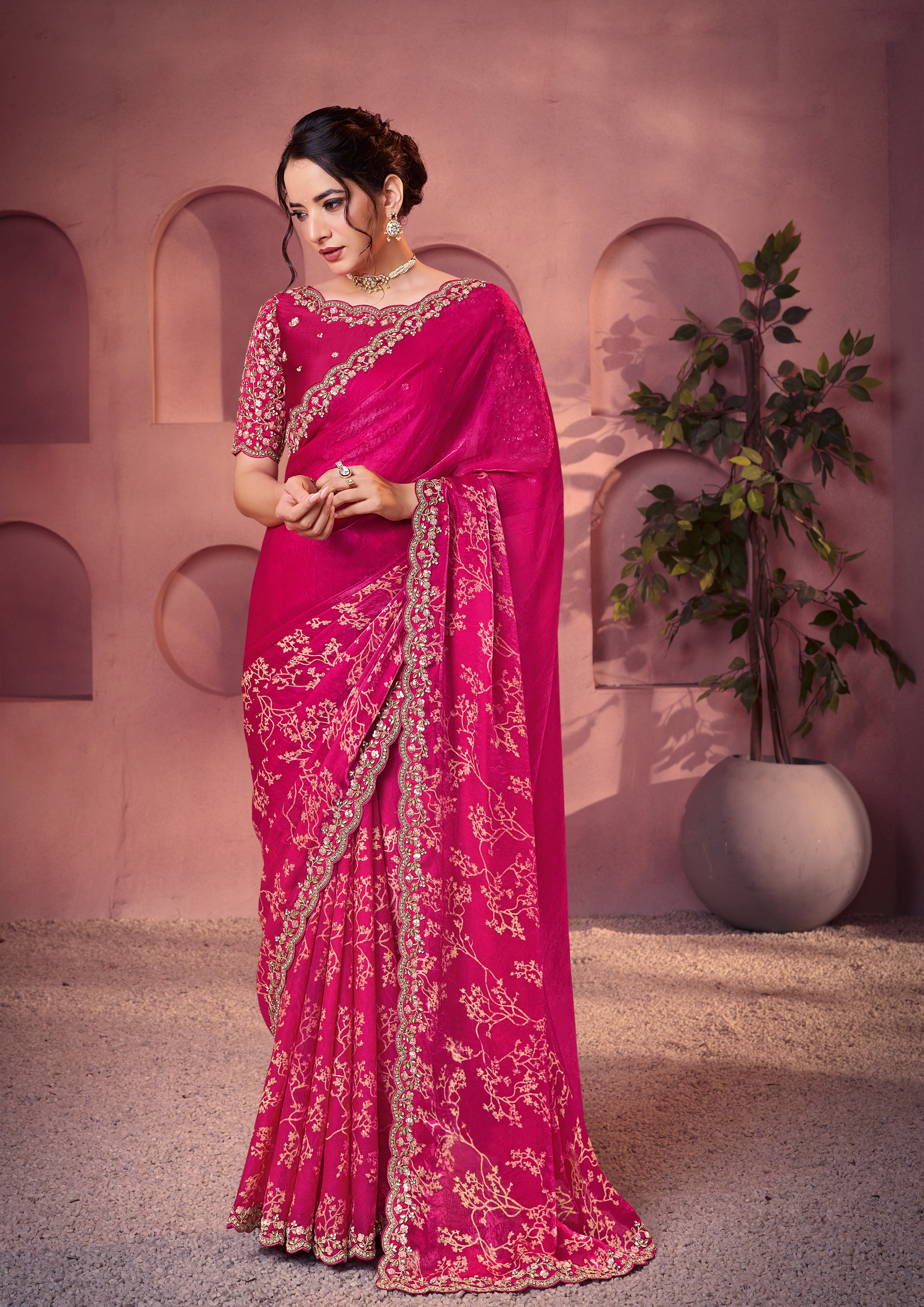 Rani Pink Embellished Satin Silk Saree
