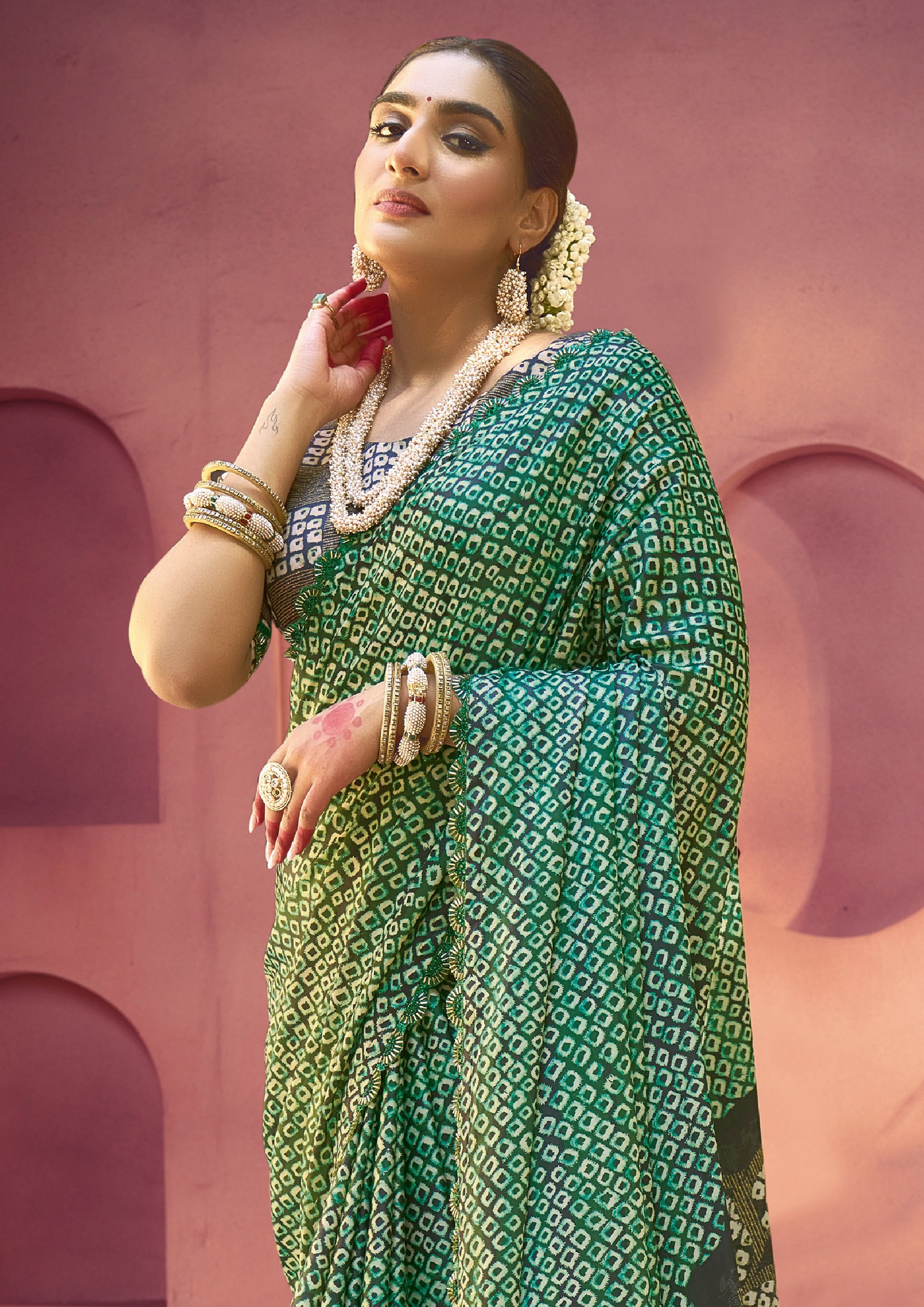 Forest Green Bandhani Printed Gajji Silk Saree