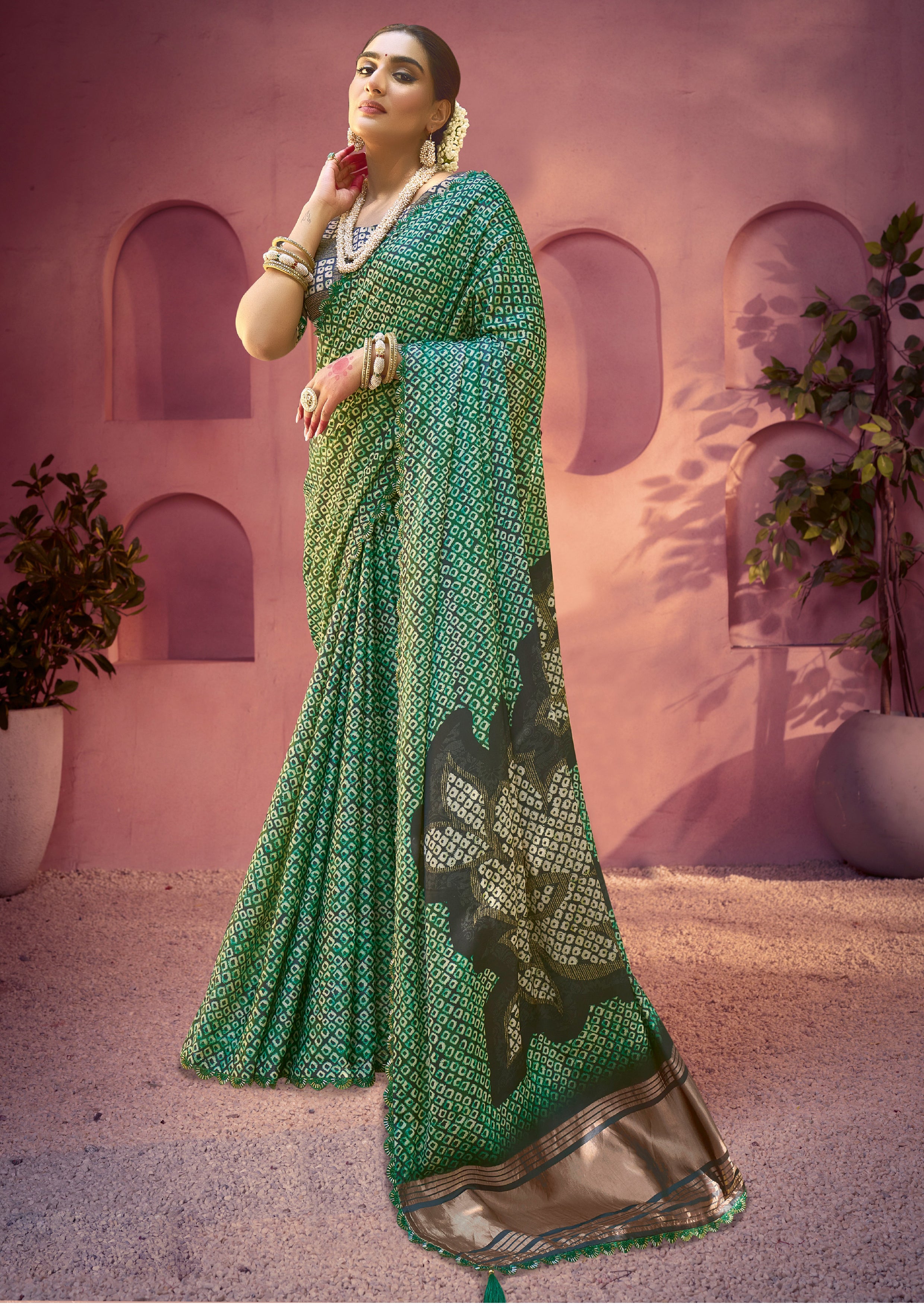 Forest Green Bandhani Printed Gajji Silk Saree