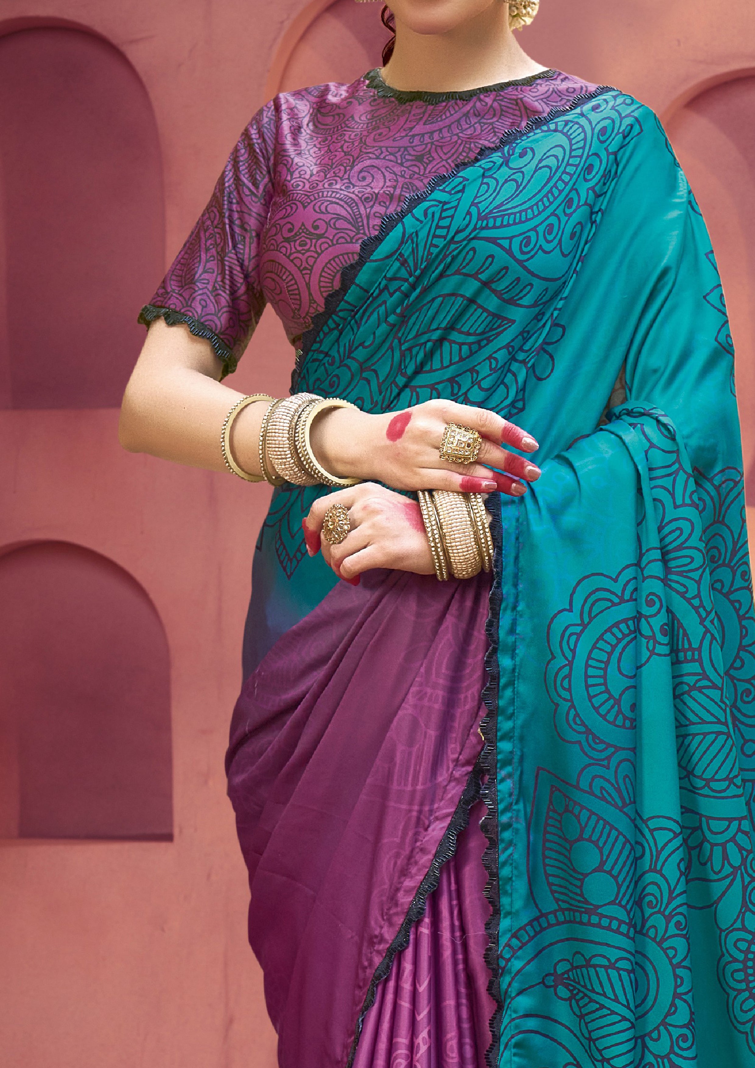 Teal Plum Printed Gajji Silk Saree