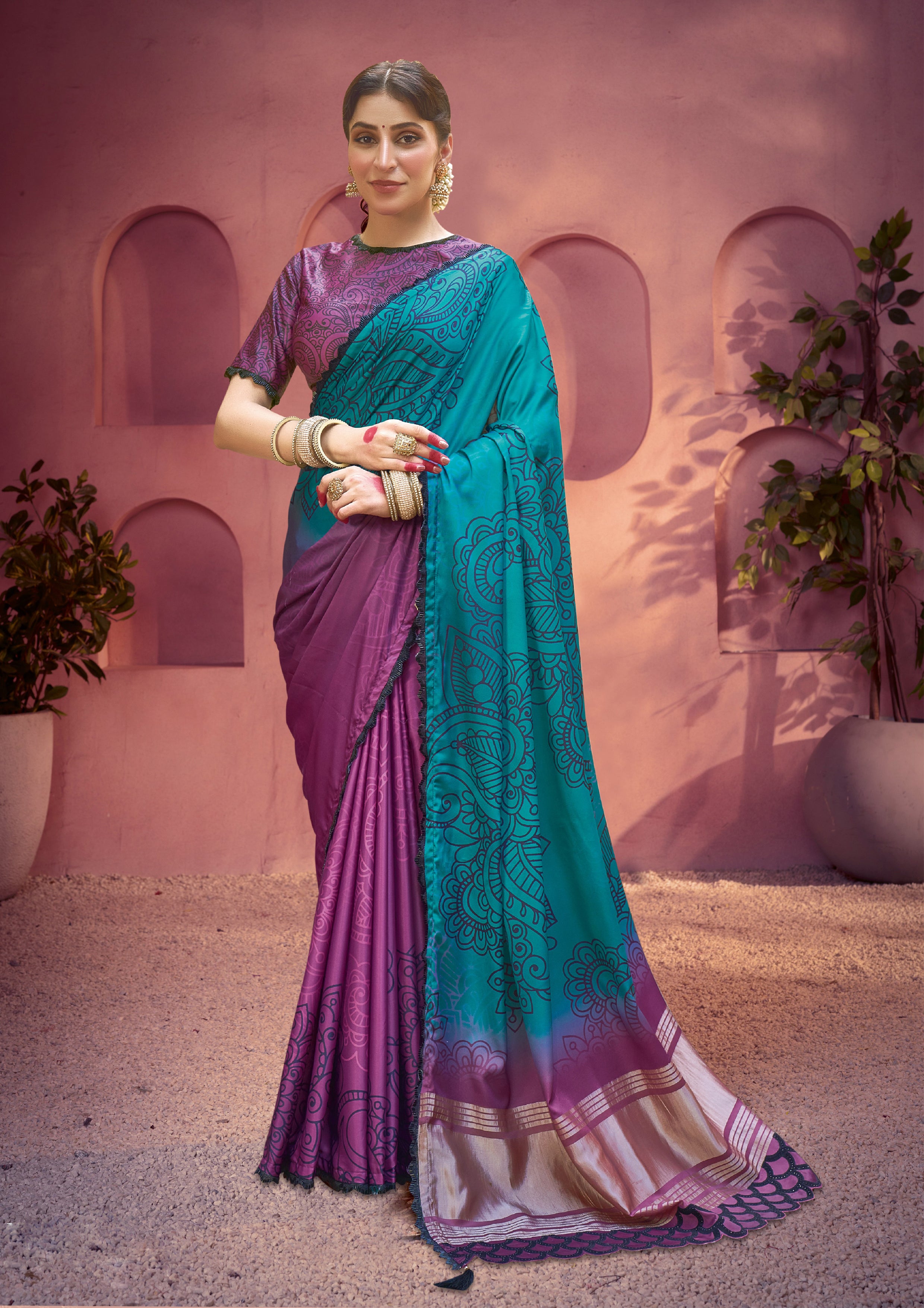 Teal Plum Printed Gajji Silk Saree