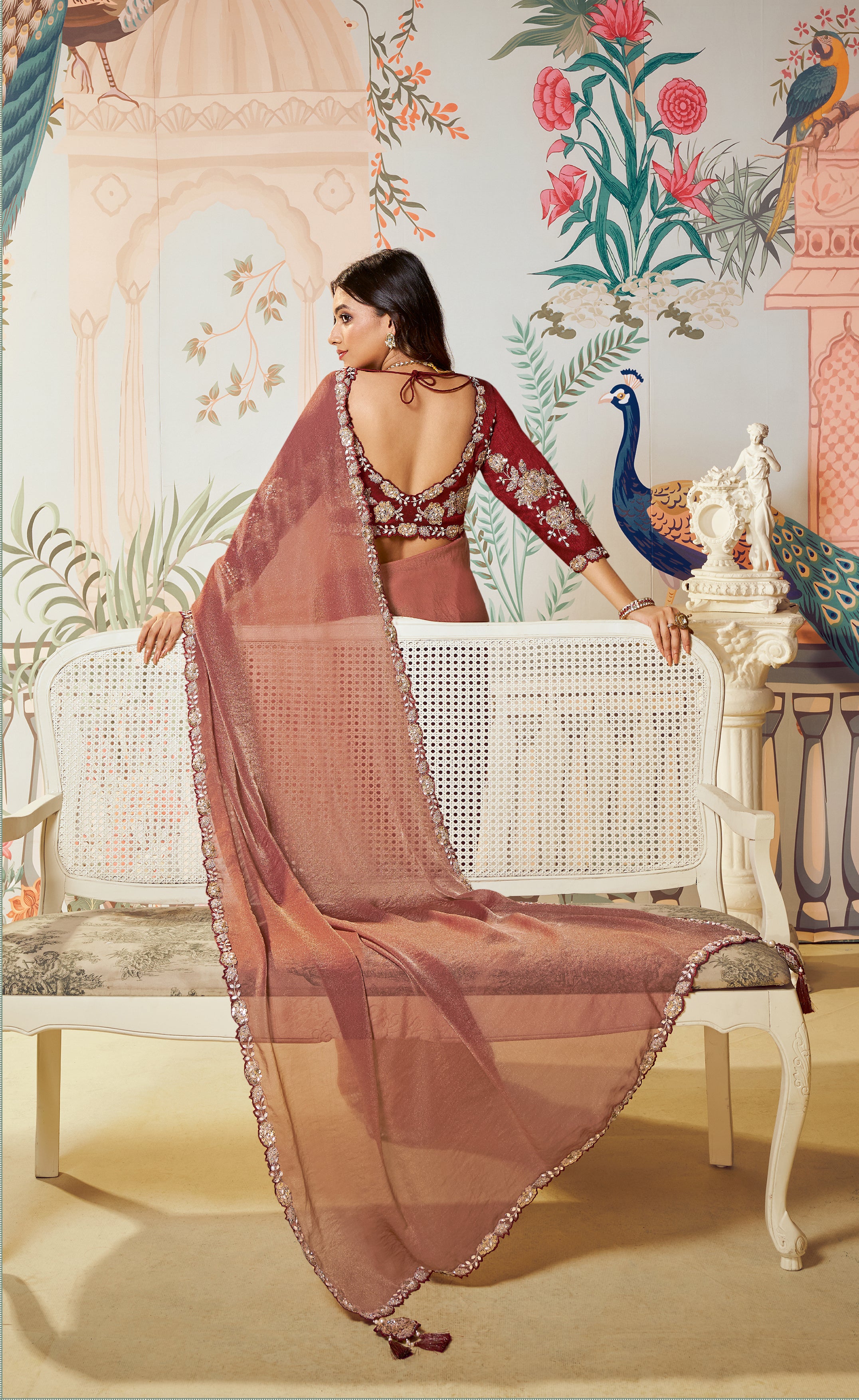 Berry Red Embellished Tussar Silk Saree