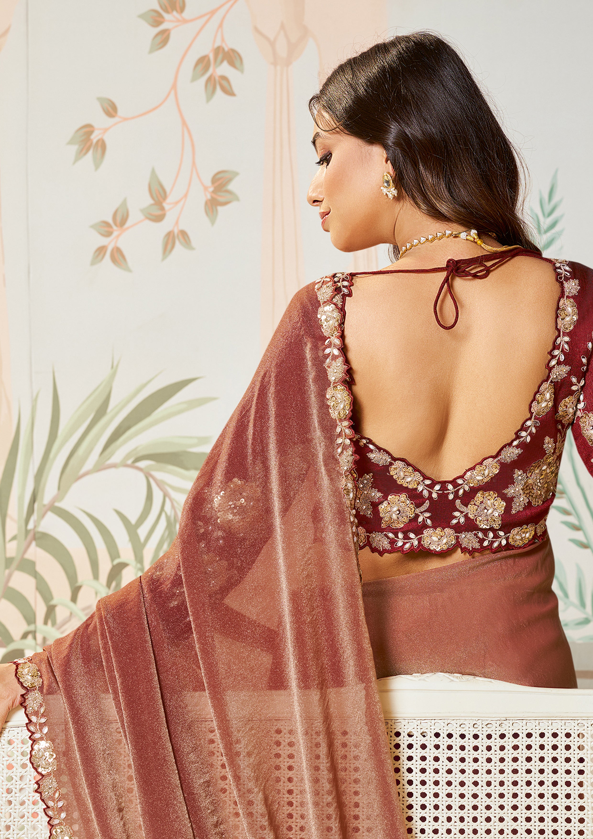 Berry Red Embellished Tussar Silk Saree