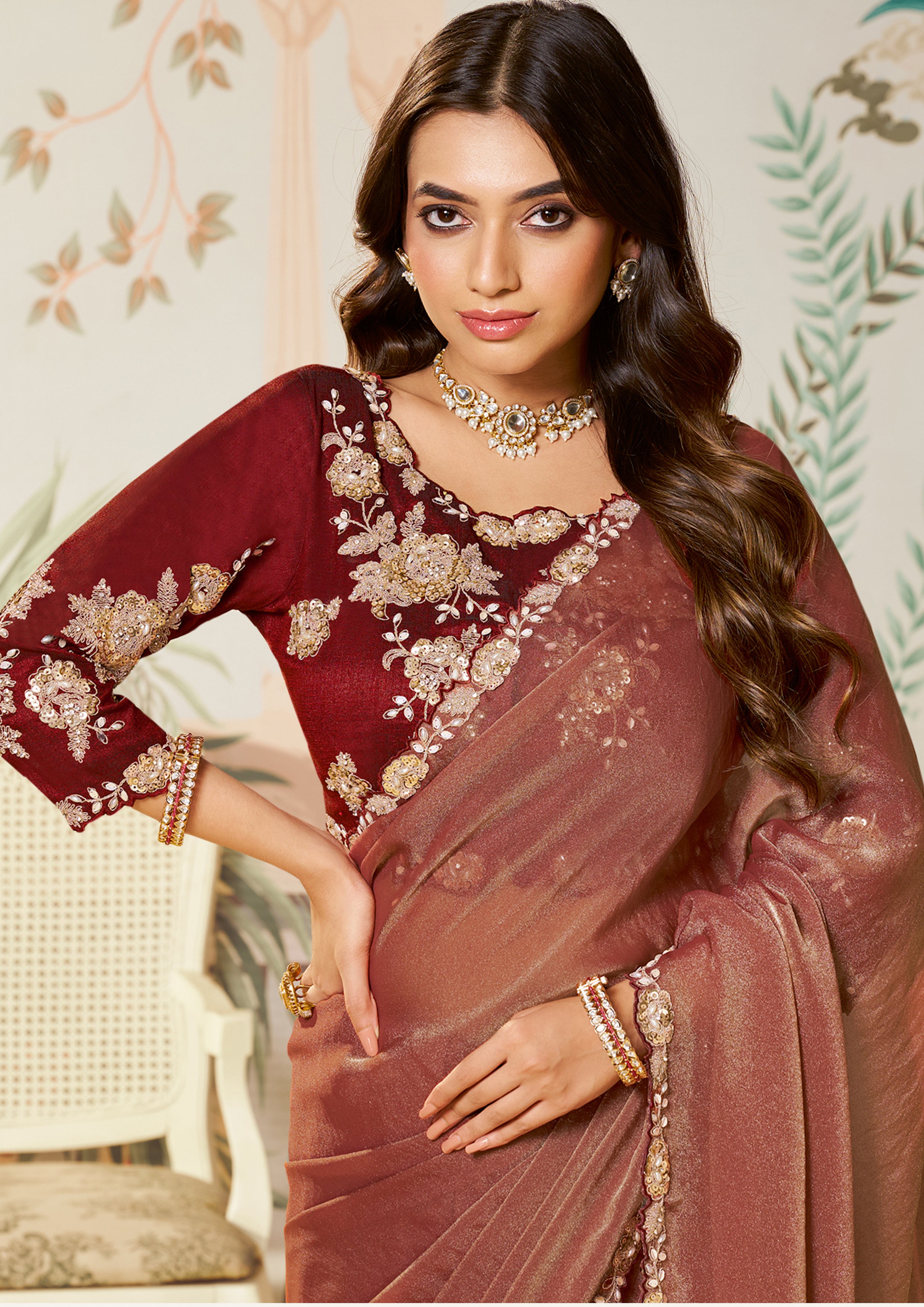 Berry Red Embellished Tussar Silk Saree