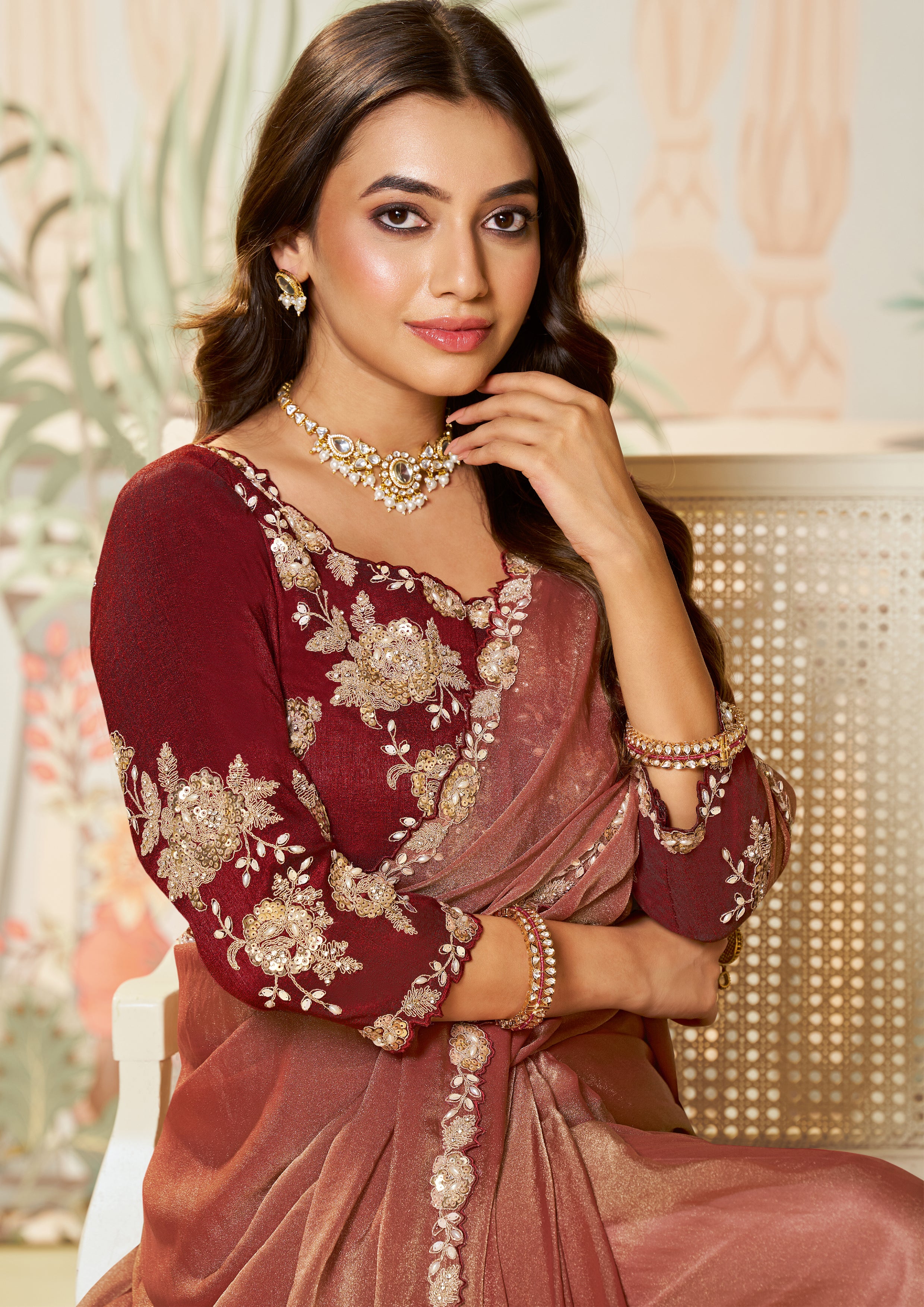 Berry Red Embellished Tussar Silk Saree