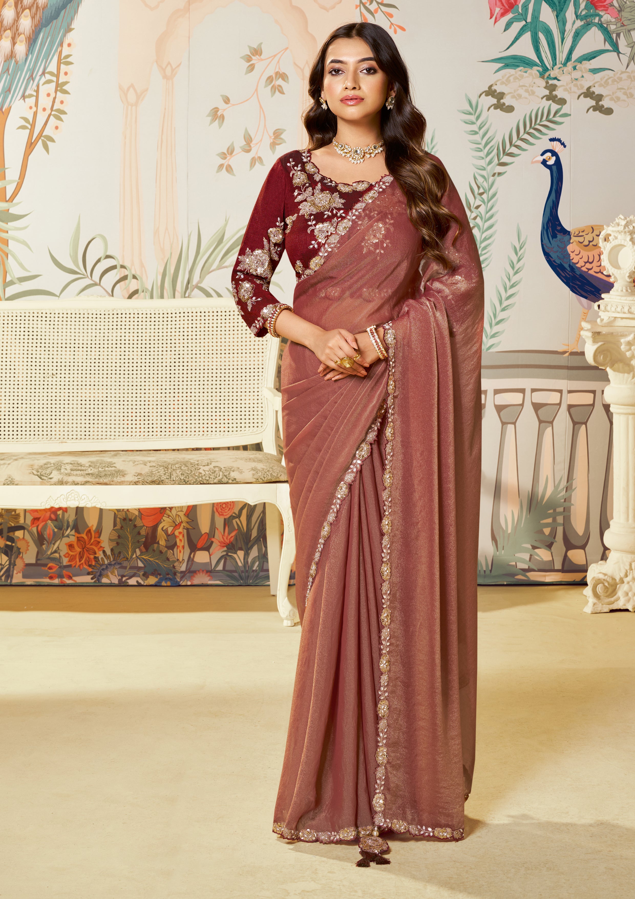 Berry Red Embellished Tussar Silk Saree