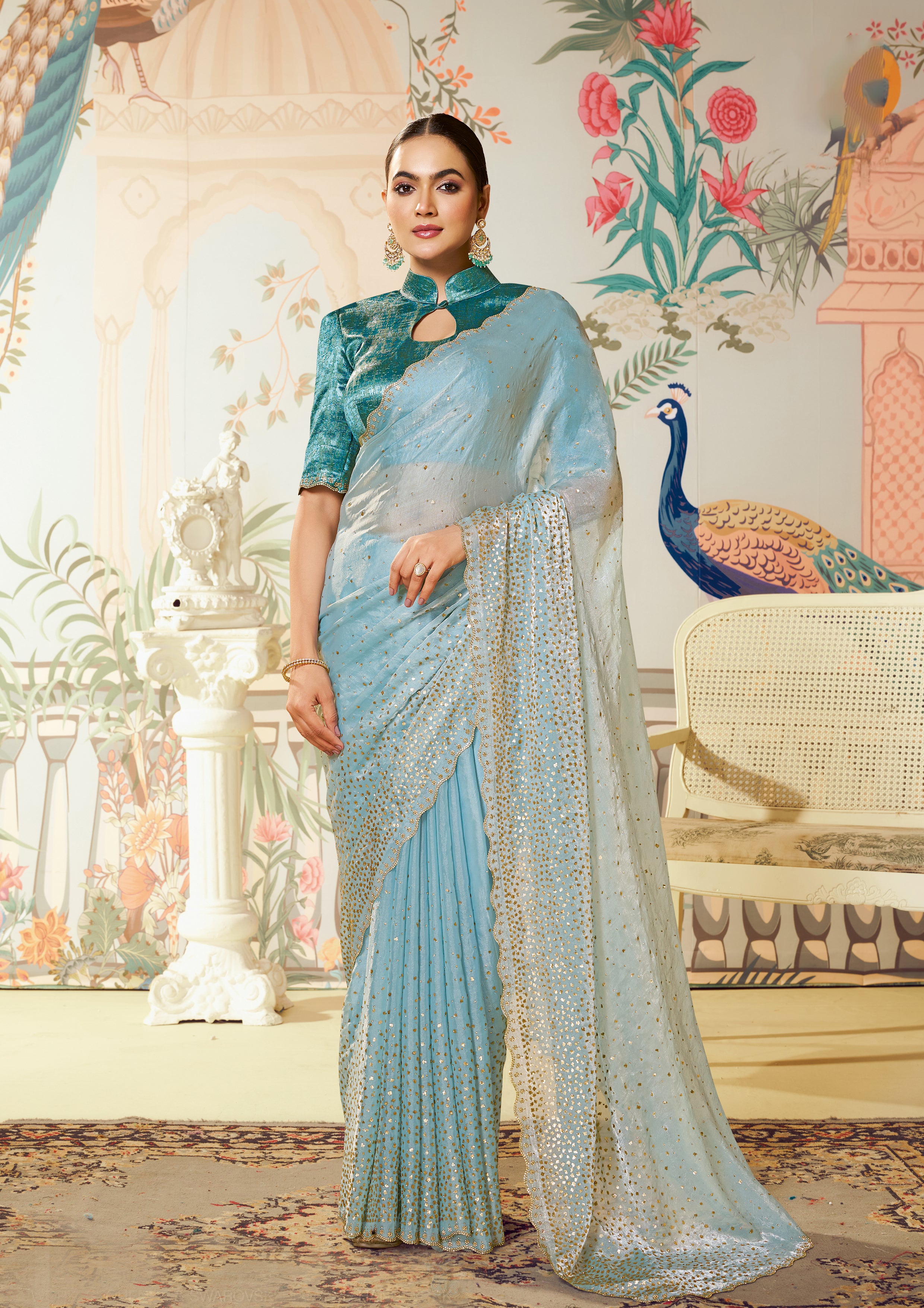 Ice Blue Embellished Organza Silk Saree