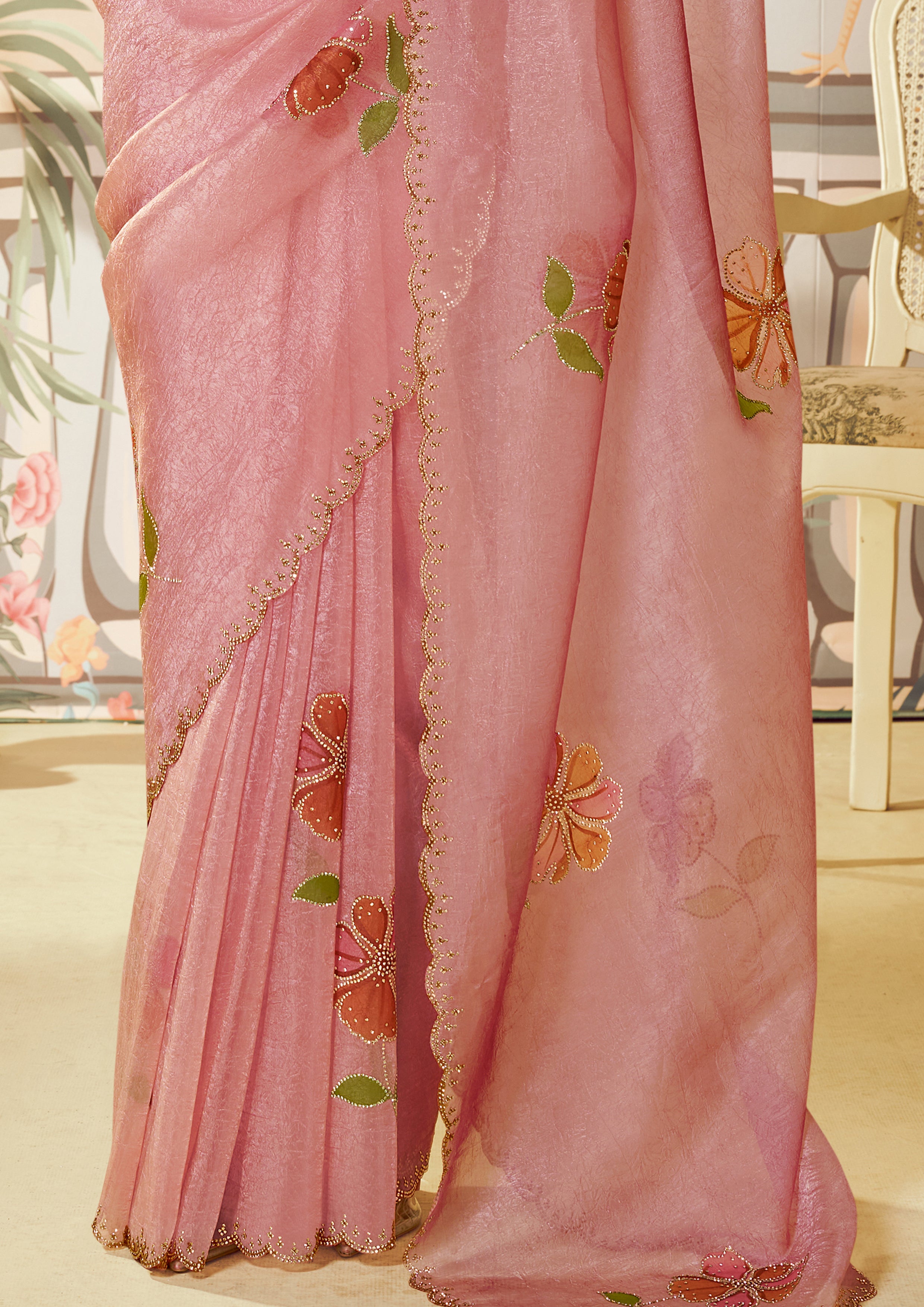Blush Peach Embellished Organza Silk Saree