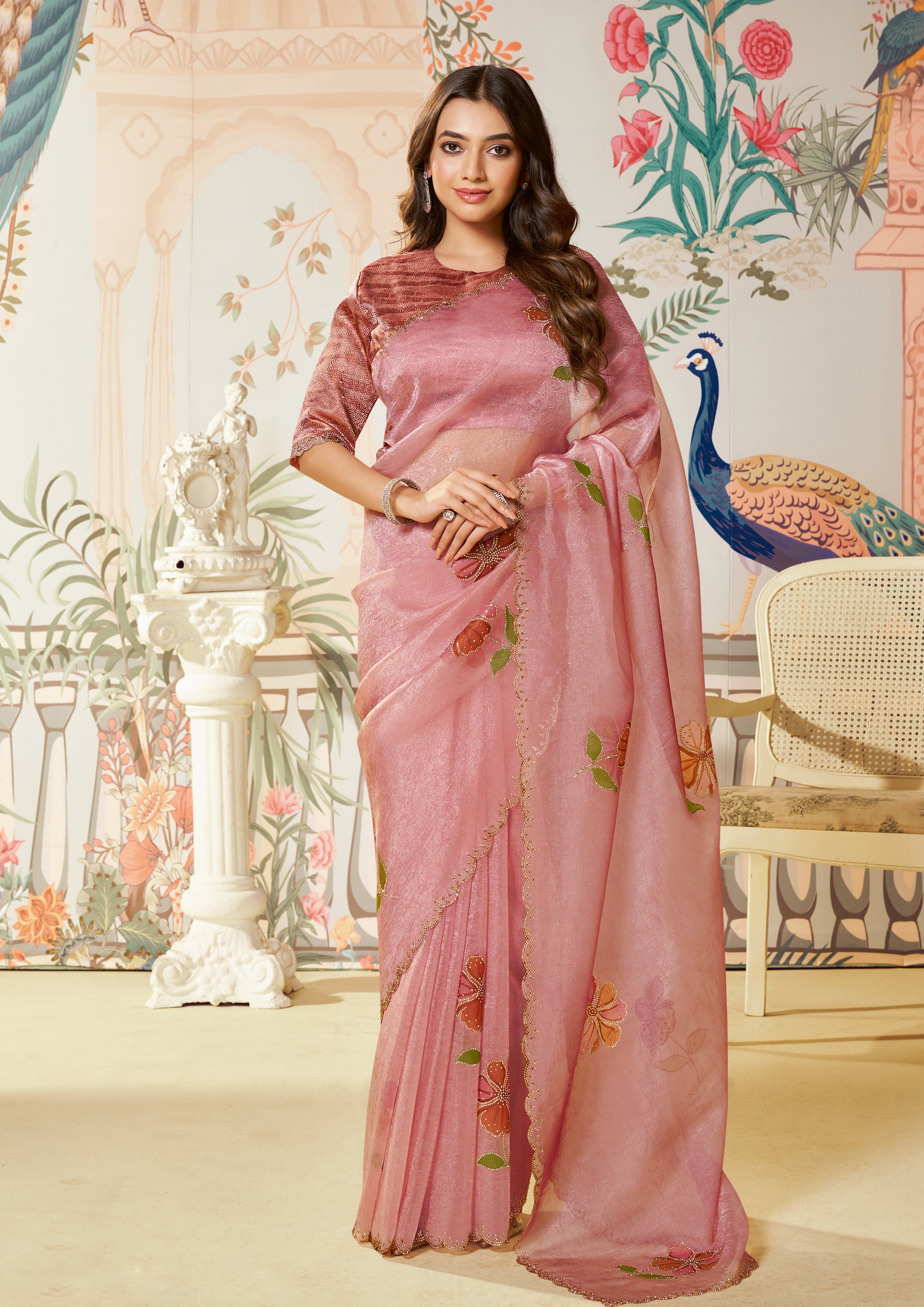 Blush Peach Embellished Organza Silk Saree