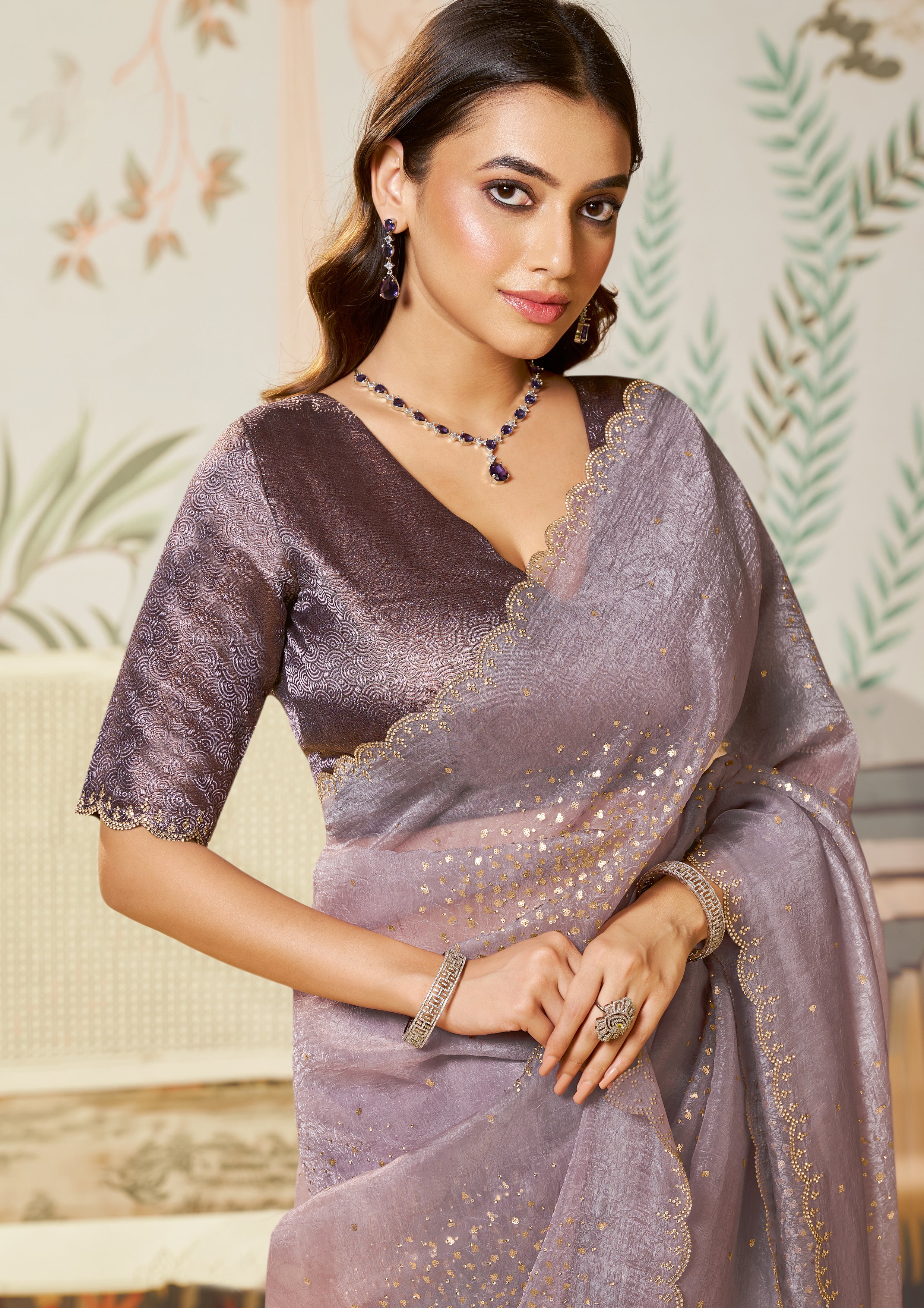 Dusty Mauve Embellished Organza Silk Saree