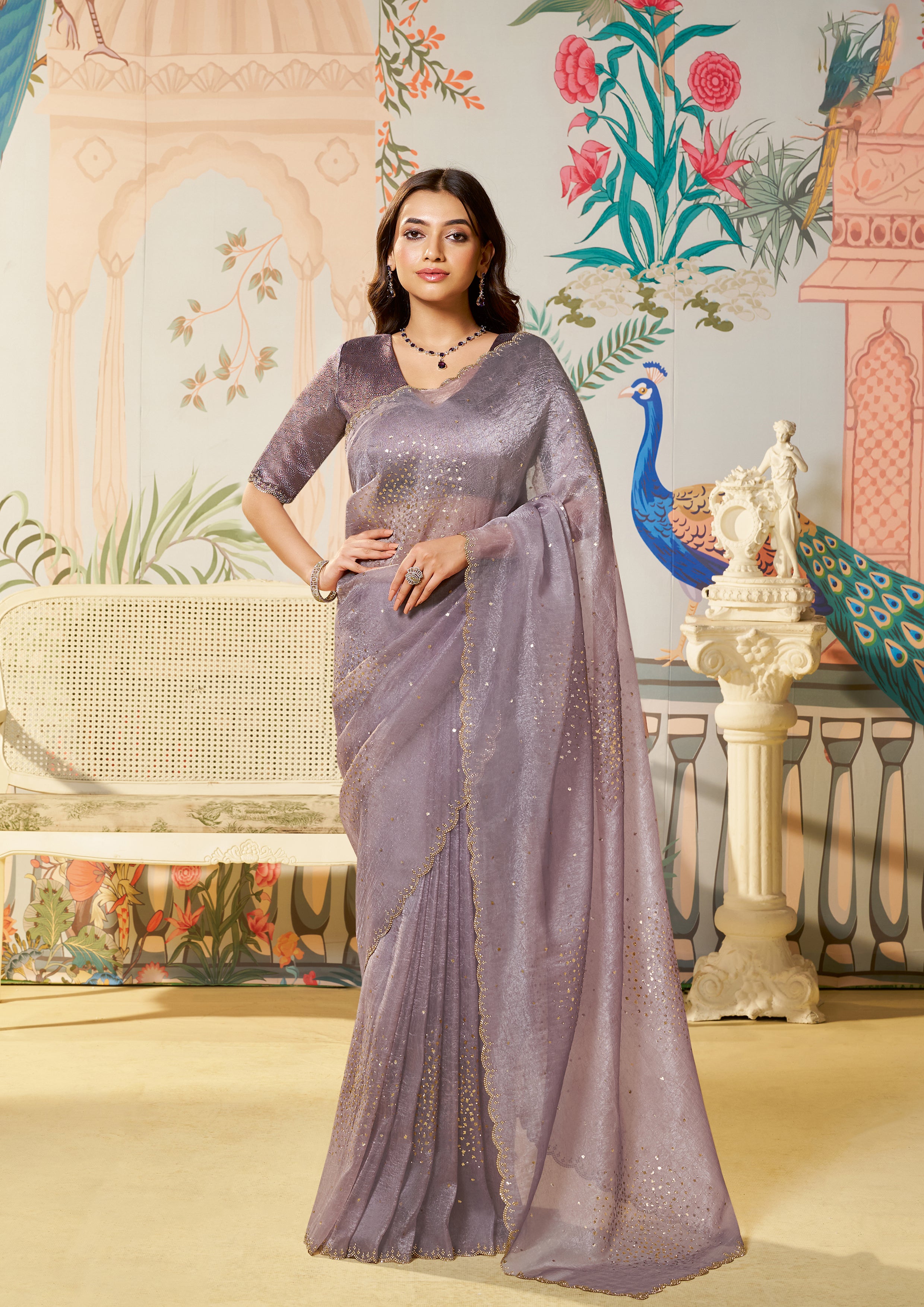 Dusty Mauve Embellished Organza Silk Saree