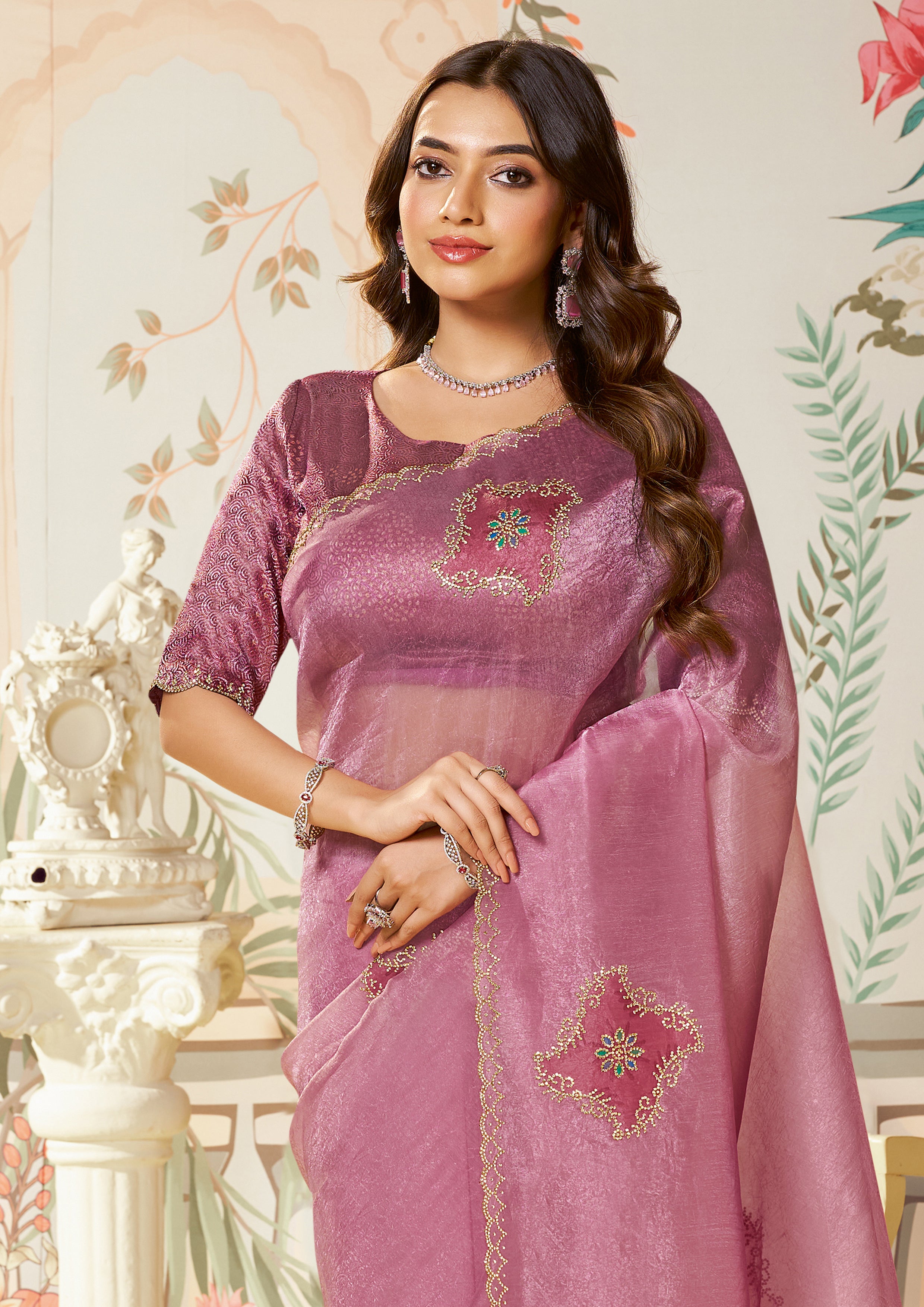 Dusty Pink Embellished Organza Silk Saree