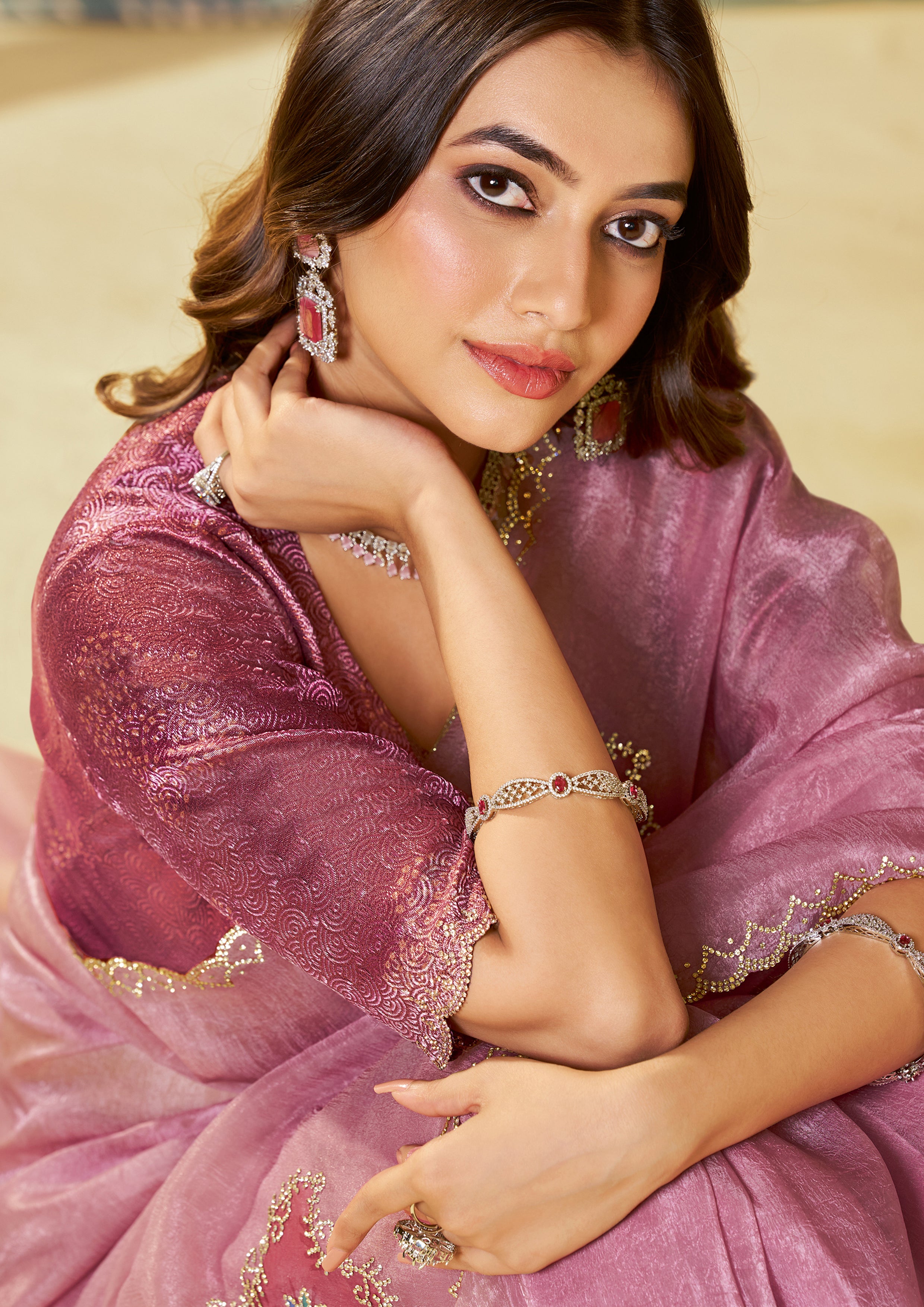 Dusty Pink Embellished Organza Silk Saree