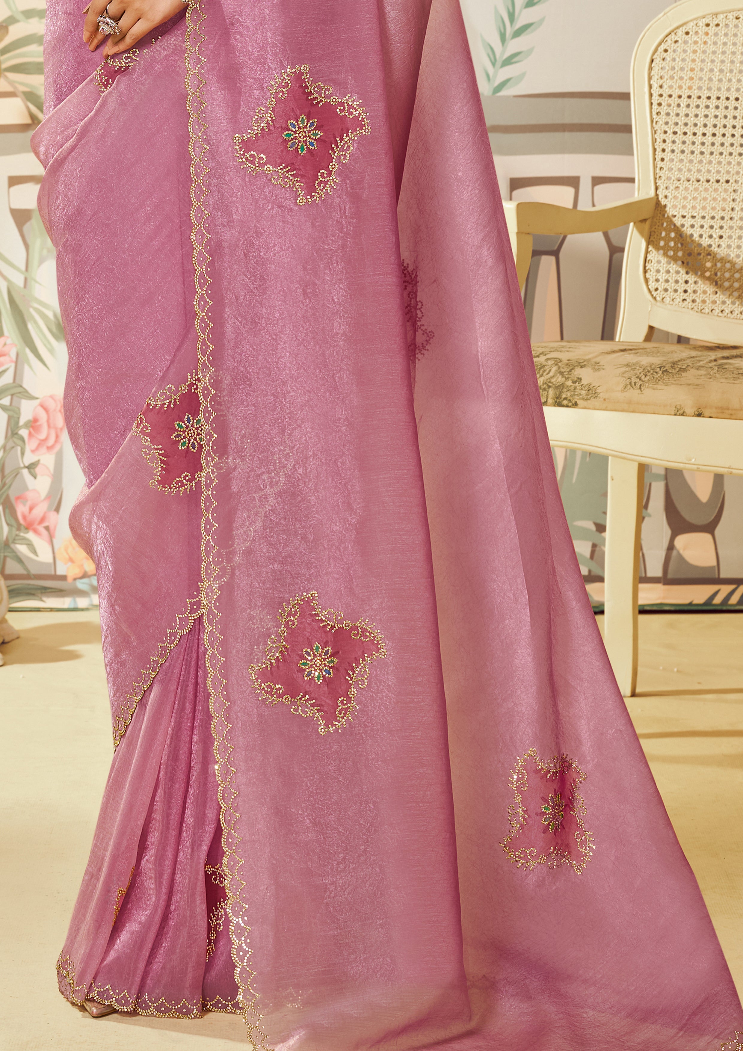 Dusty Pink Embellished Organza Silk Saree