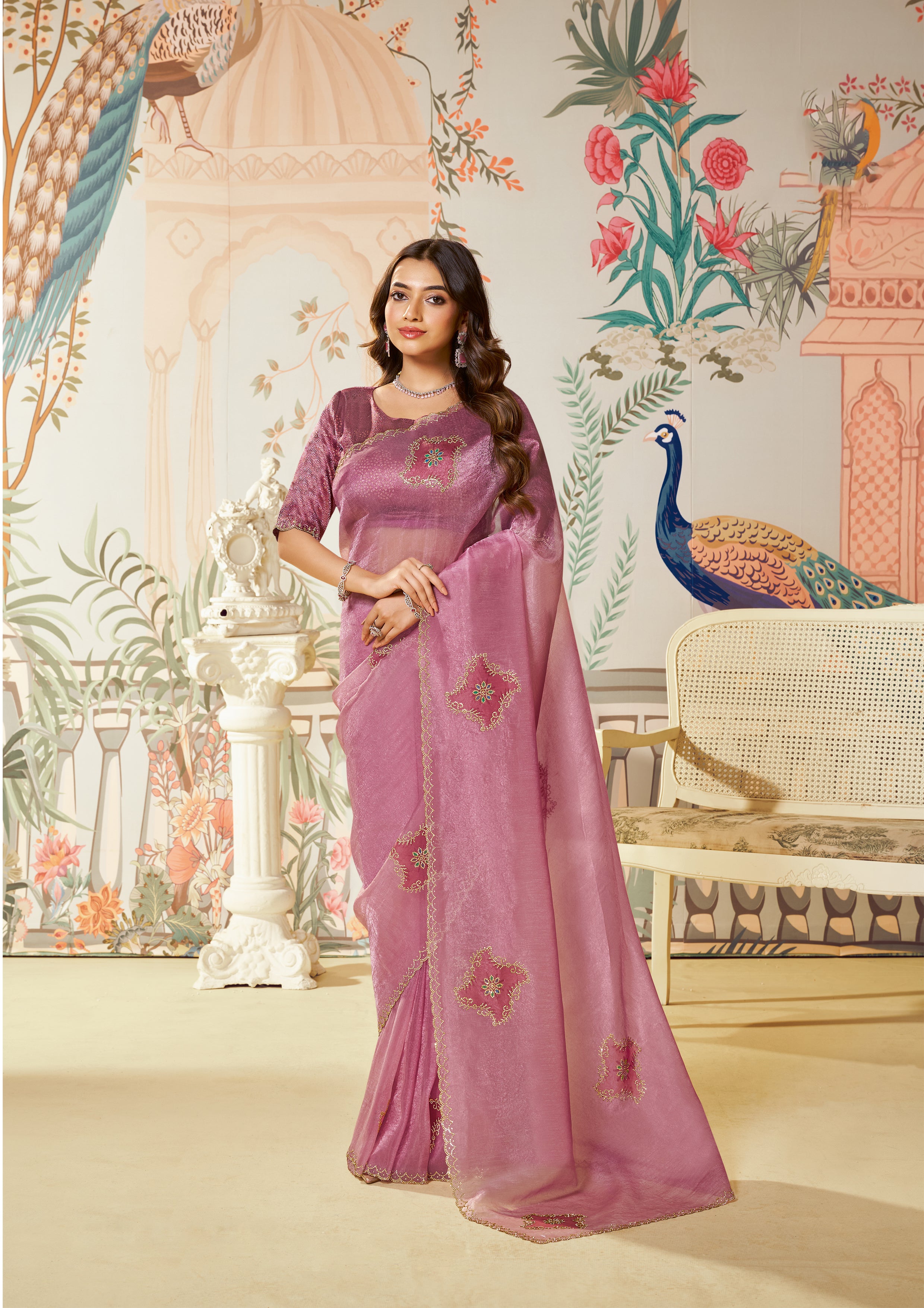Dusty Pink Embellished Organza Silk Saree