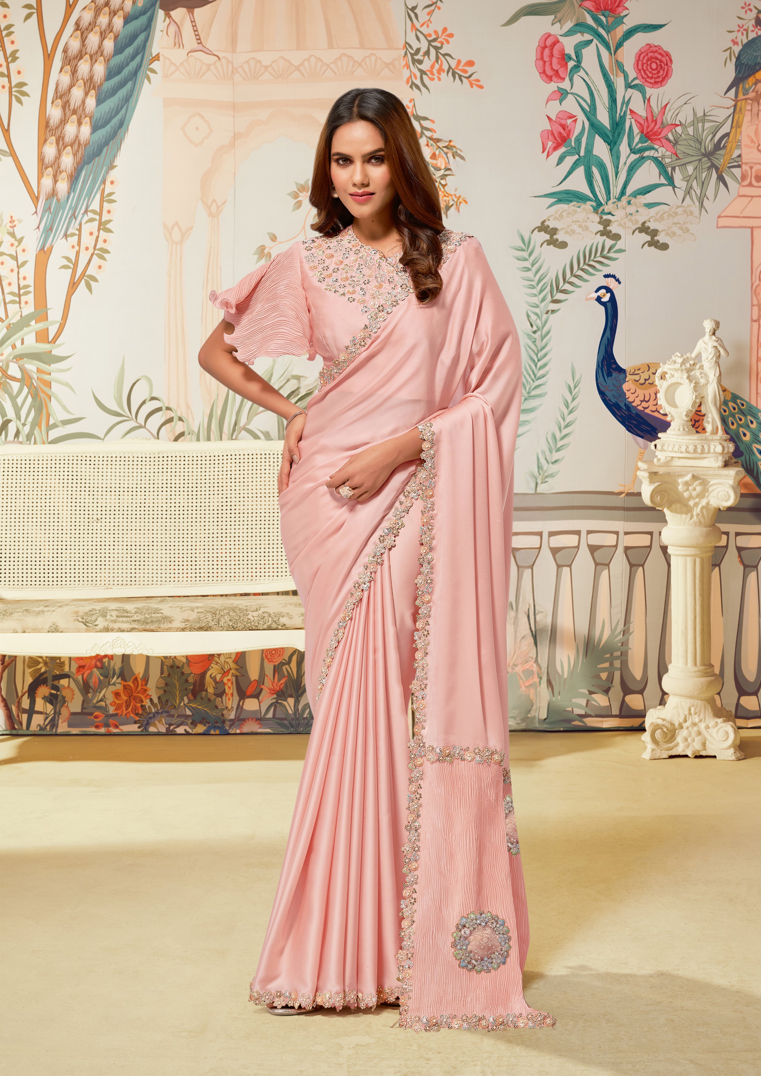 Peach Rose Embellished Satin Silk Saree