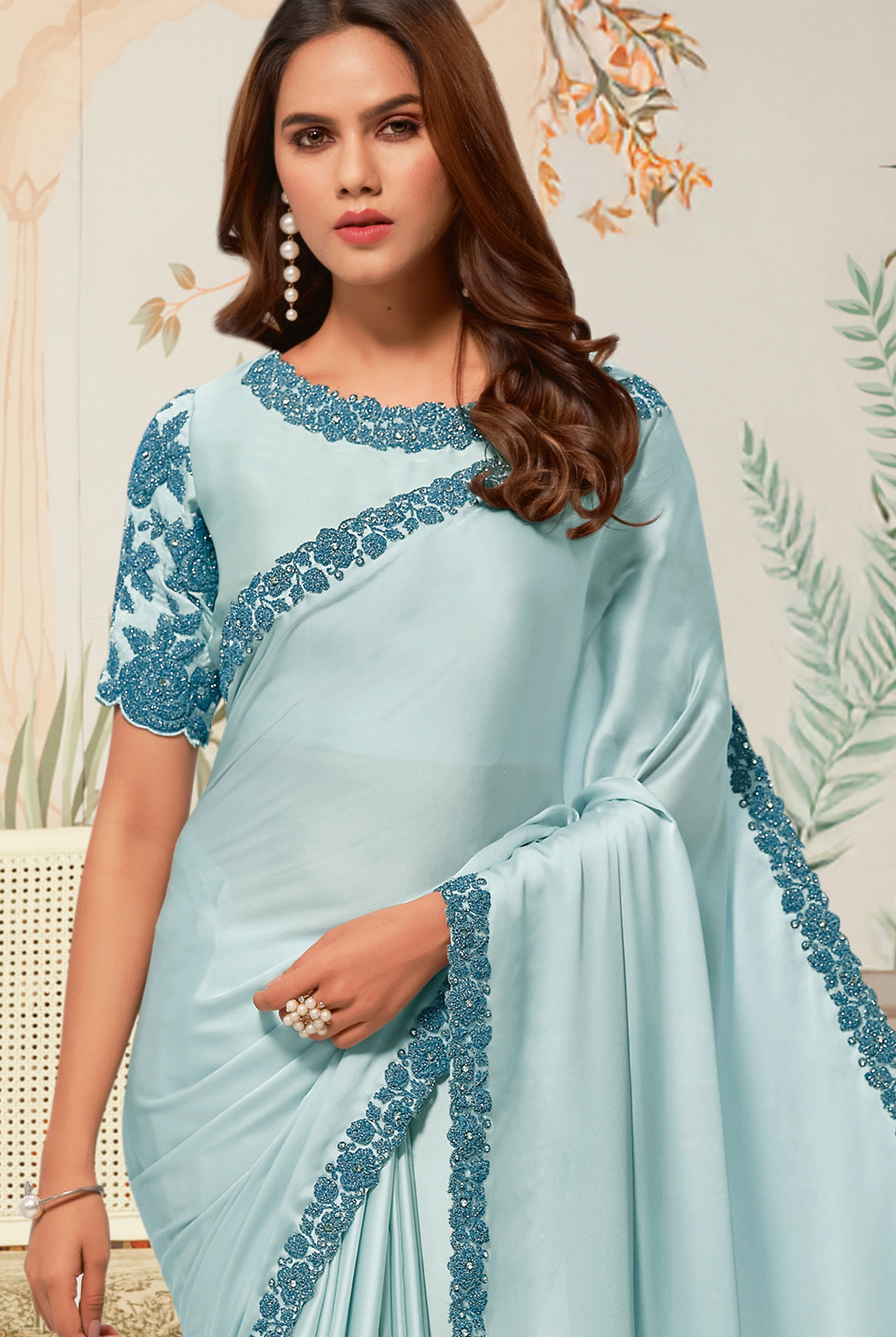 Serene Blue Embellished Satin Silk Saree