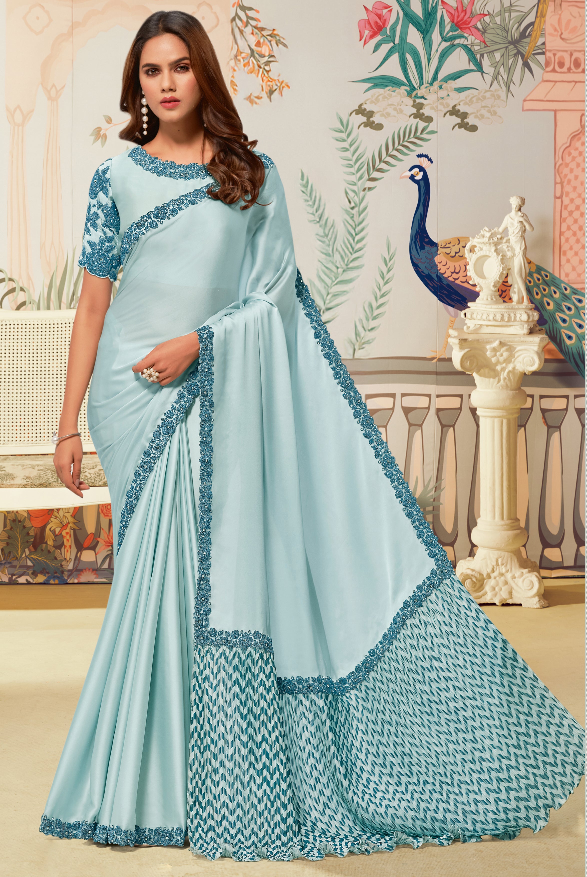 Serene Blue Embellished Satin Silk Saree