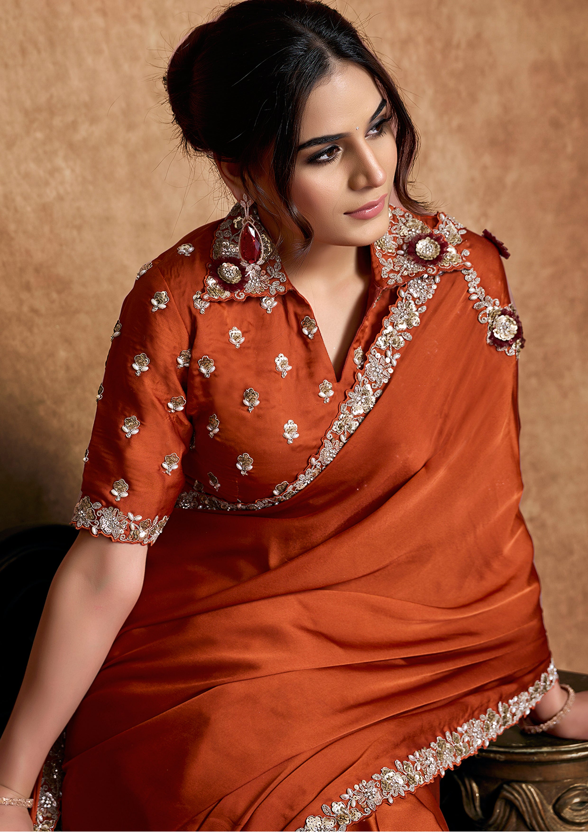 Rust Orange Embellished Satin Silk Saree