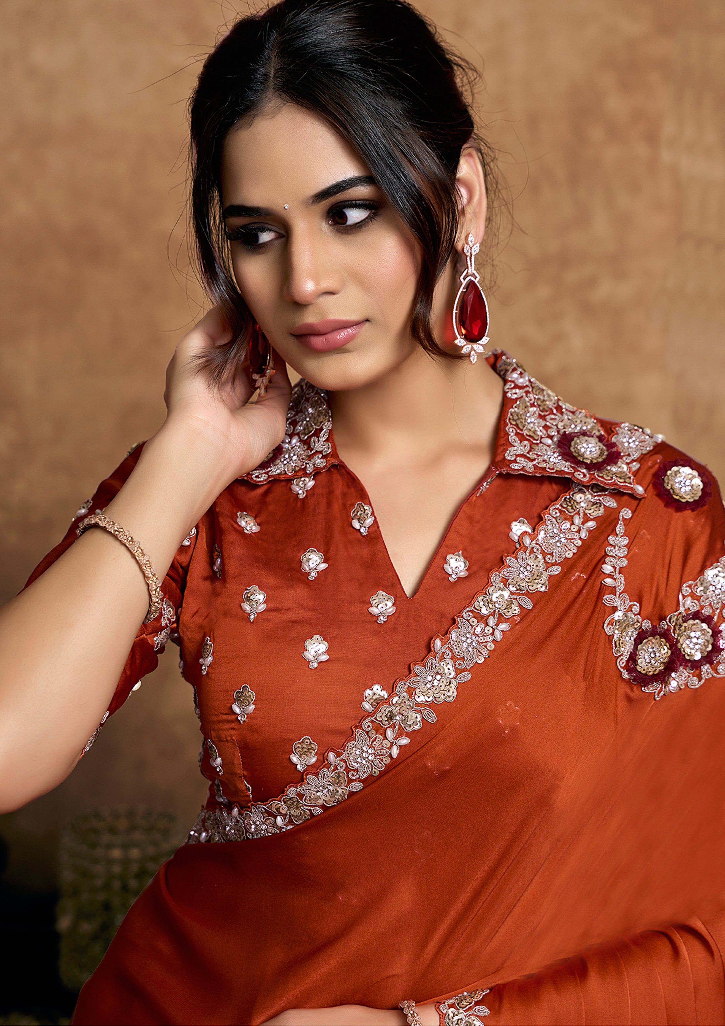 Rust Orange Embellished Satin Silk Saree