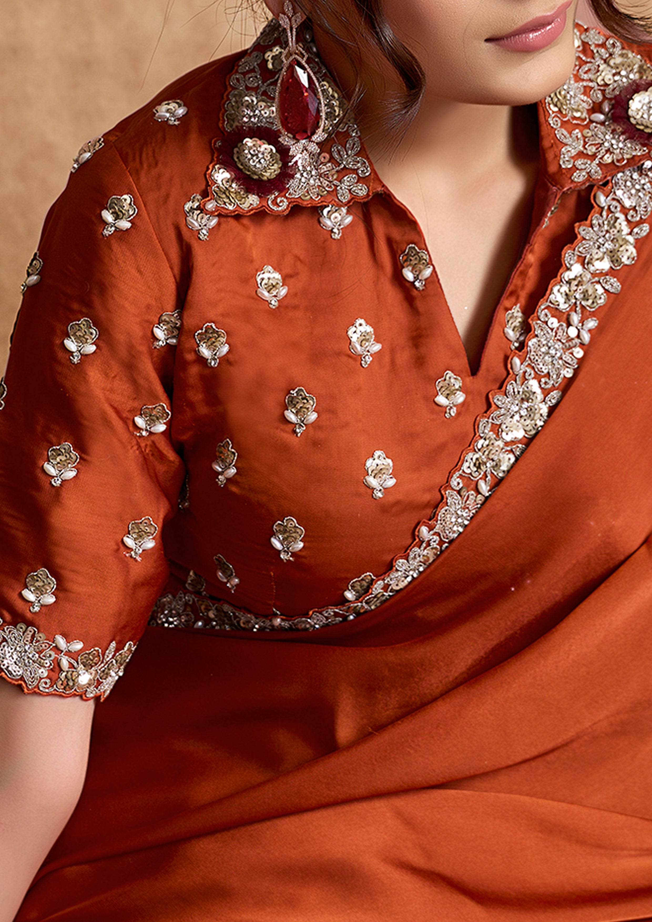 Rust Orange Embellished Satin Silk Saree