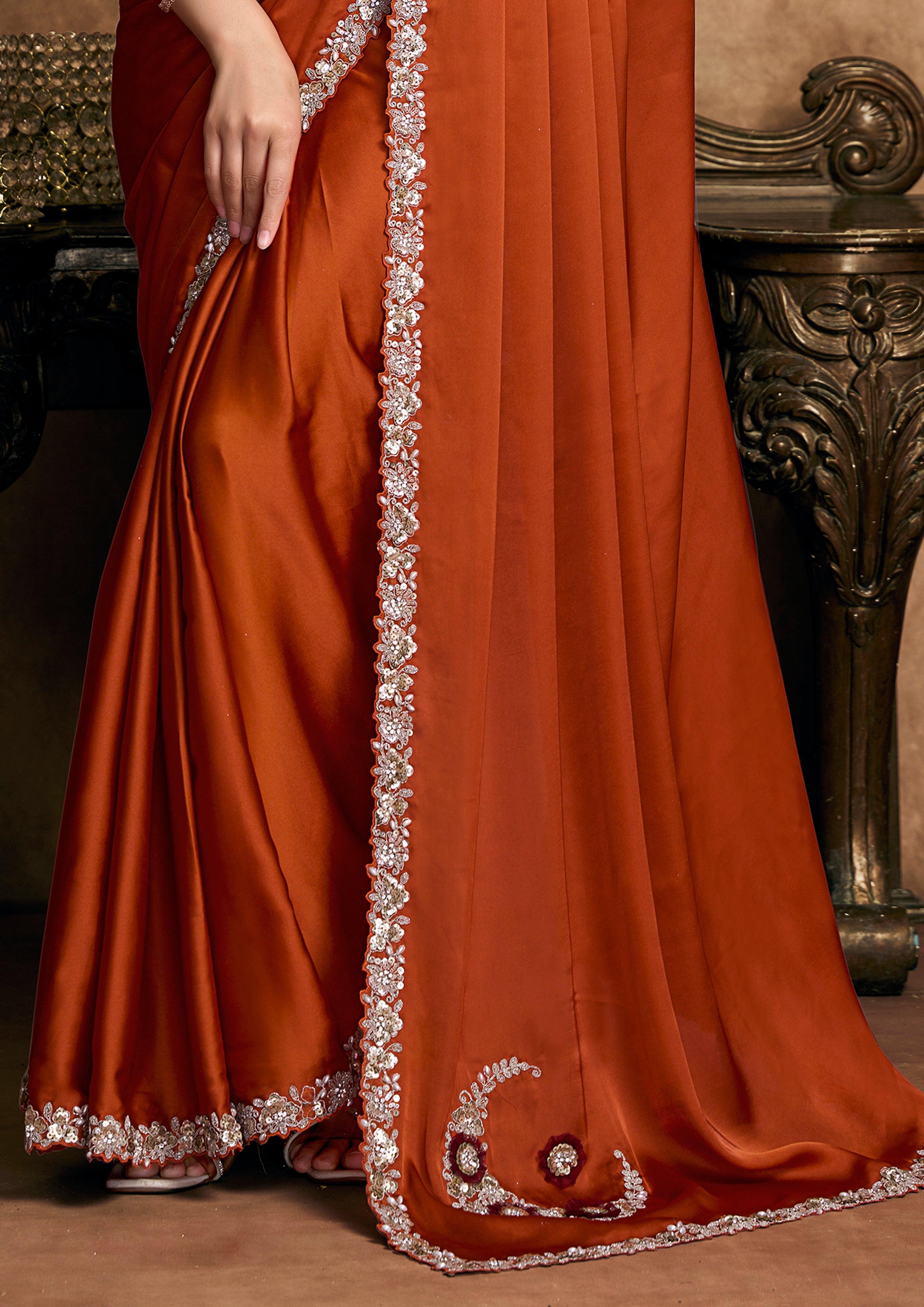 Rust Orange Embellished Satin Silk Saree
