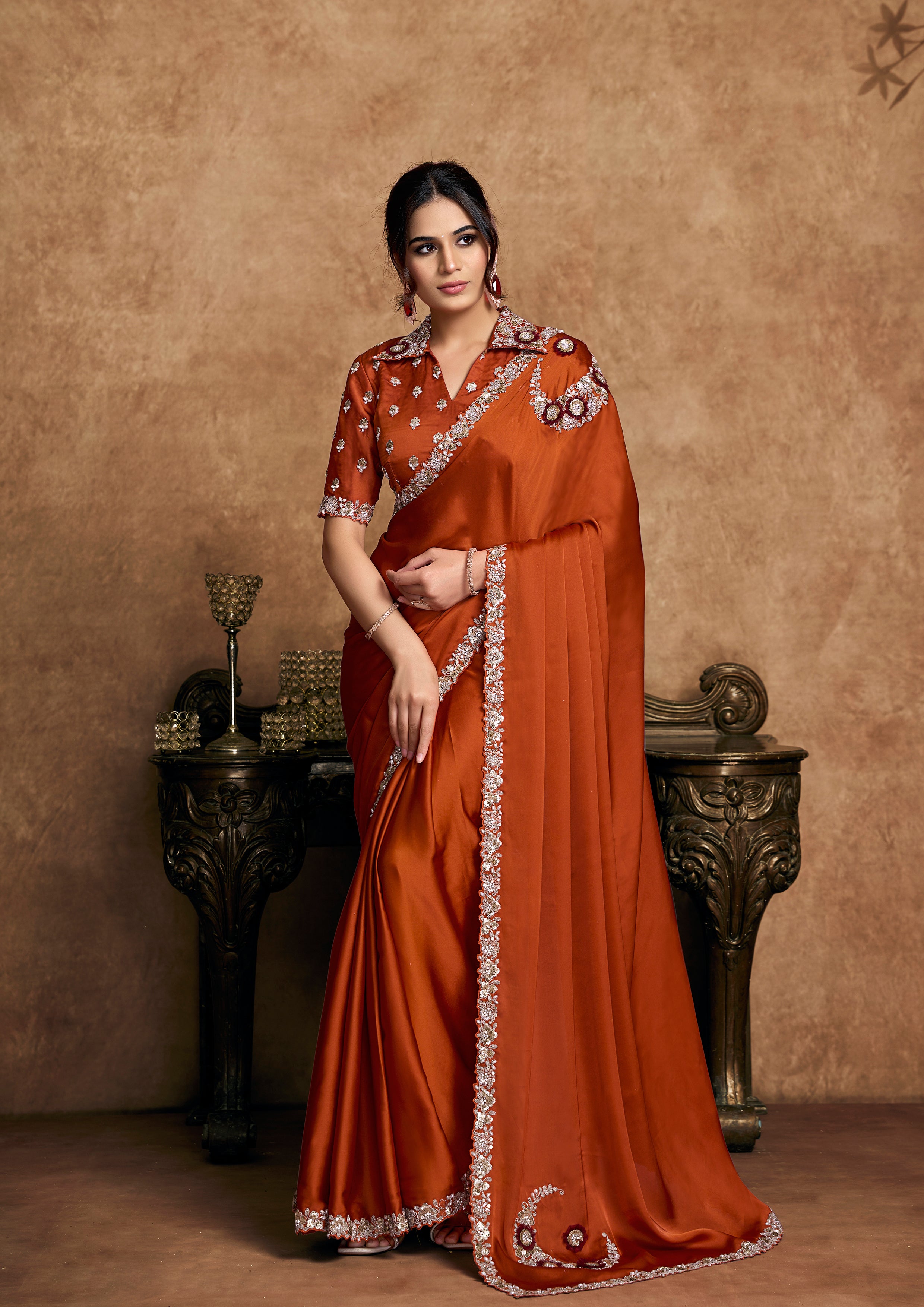 Rust Orange Embellished Satin Silk Saree