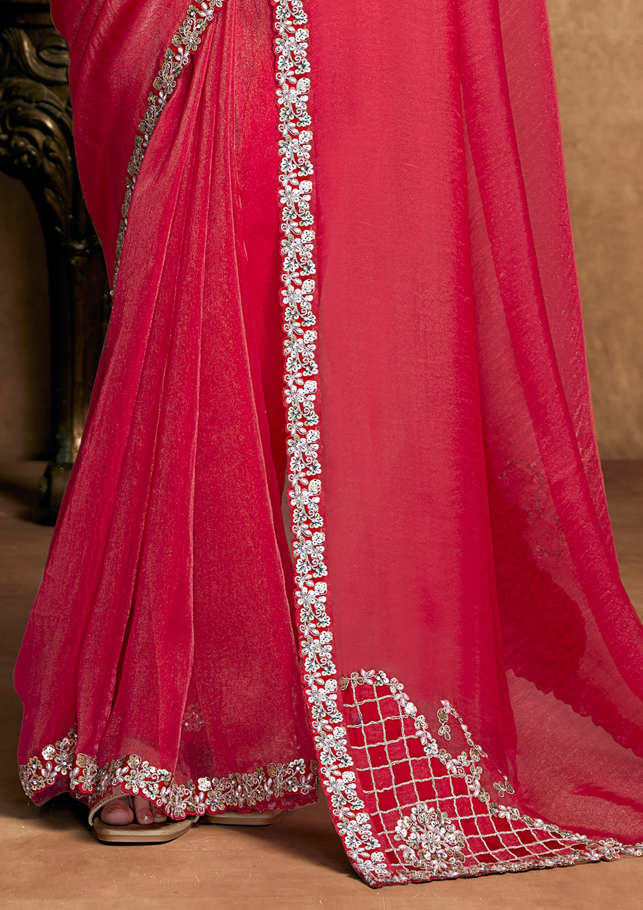Cherry Red Embellished Shimmer Organza Silk Saree