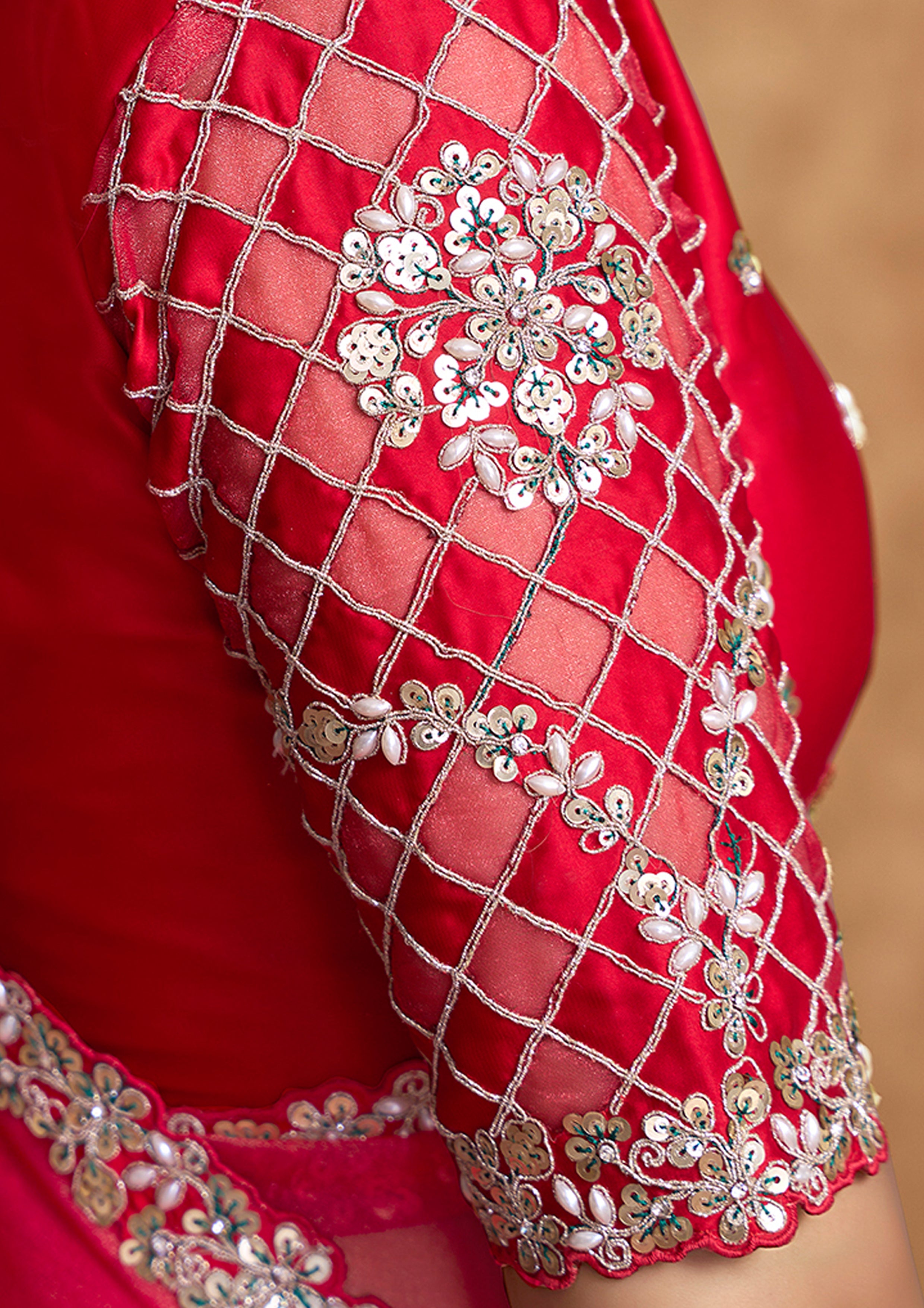 Cherry Red Embellished Shimmer Organza Silk Saree