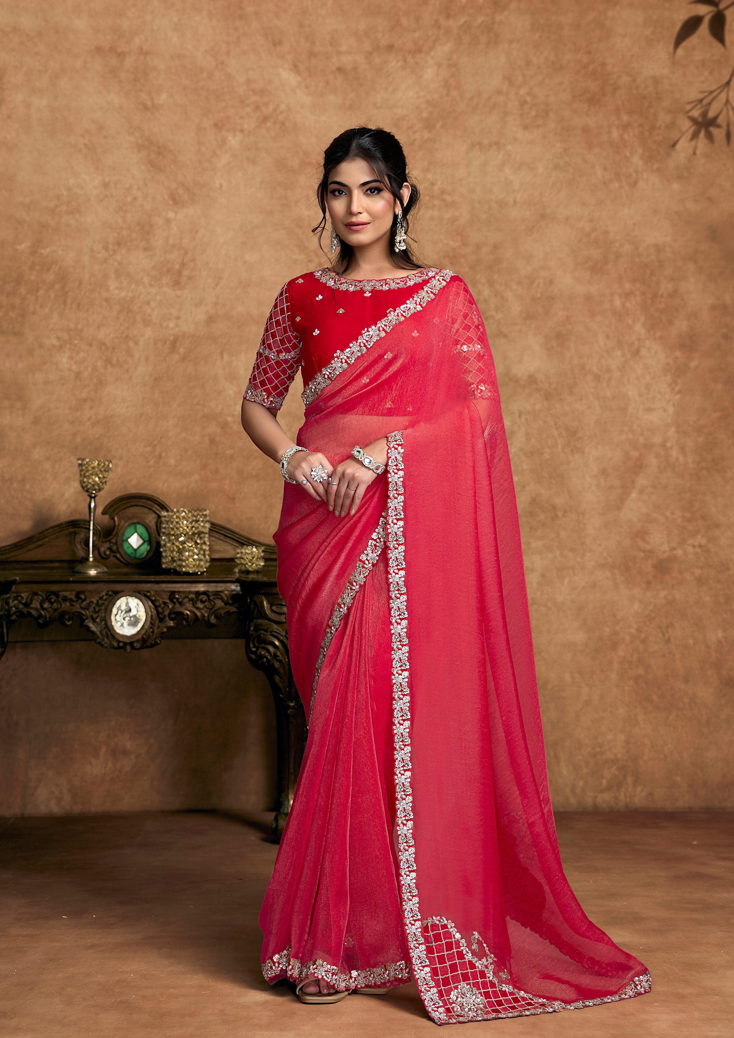 Cherry Red Embellished Shimmer Organza Silk Saree